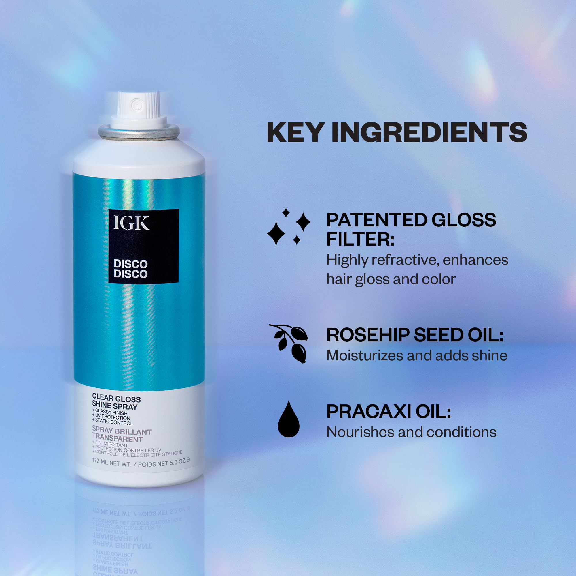 IGK Disco Disco Clear Gloss Finishing Hair Spray – Moisturizes, Adds Shine & Color Protection – 5.3 oz
