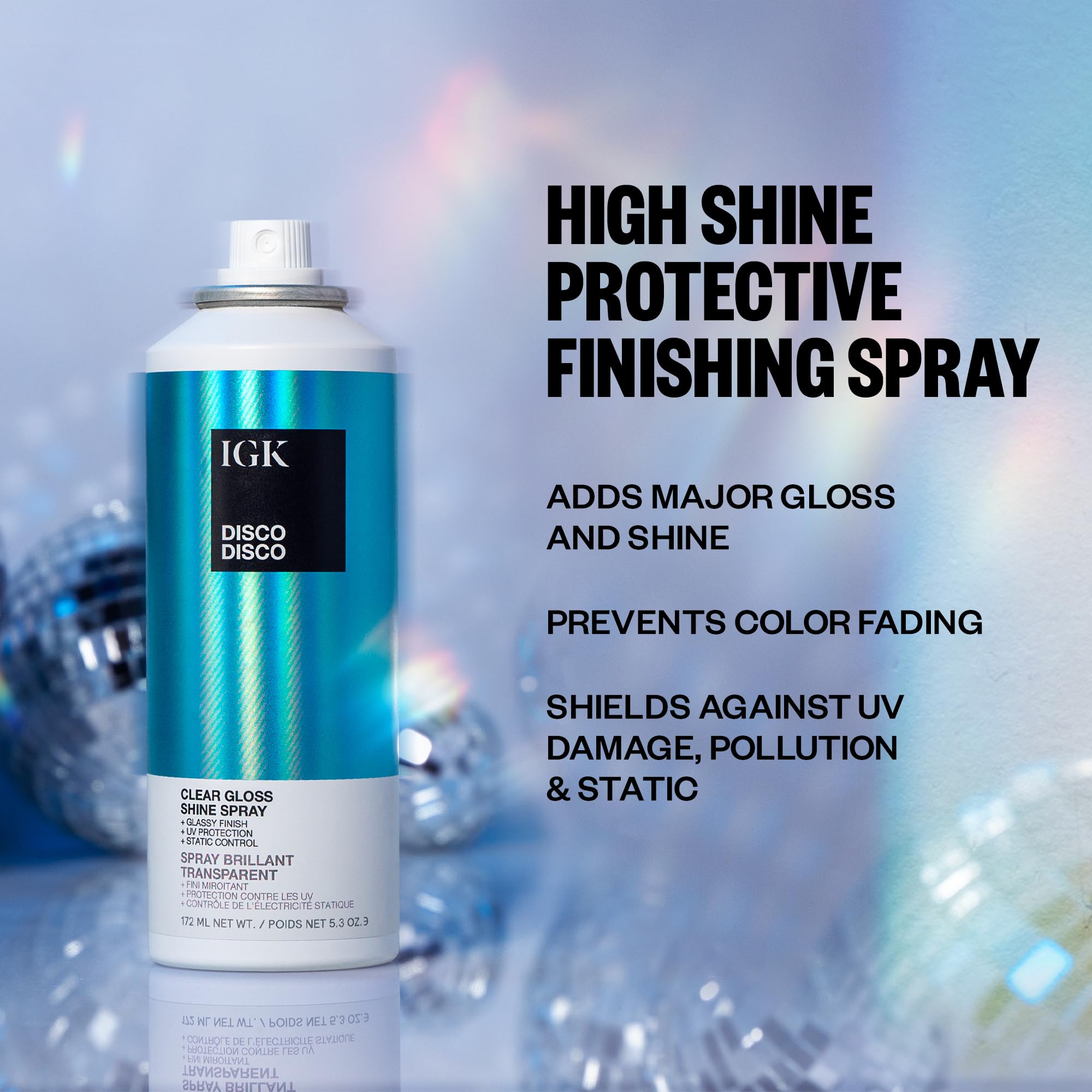 IGK Disco Disco Clear Gloss Finishing Hair Spray – Moisturizes, Adds Shine & Color Protection – 5.3 oz