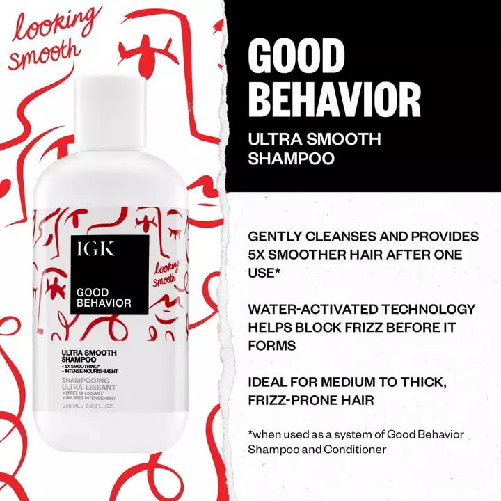IGK GOOD BEHAVIOR Ultra Smooth Shampoo Liter – Frizz Control, Shine, Vegan & Cruelty-Free | 33.8 oz