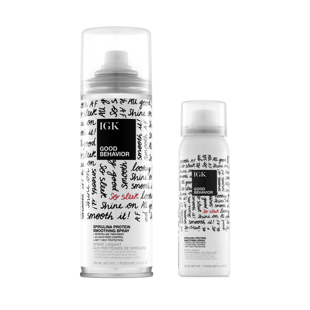IGK GOOD BEHAVIOR Spirulina Protein Smoothing Spray Travel Bundle – Keratin-Like Smoothing, Frizz Control & Heat Protectant (5.6oz + 2.4oz)