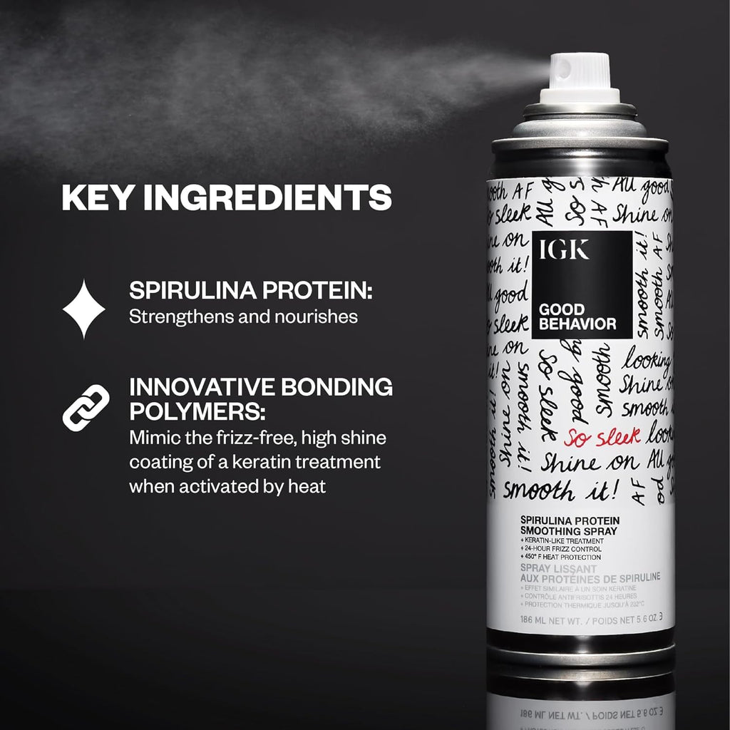 IGK GOOD BEHAVIOR Spirulina Protein Smoothing Spray Travel Bundle – Keratin-Like Smoothing, Frizz Control & Heat Protectant (5.6oz + 2.4oz)