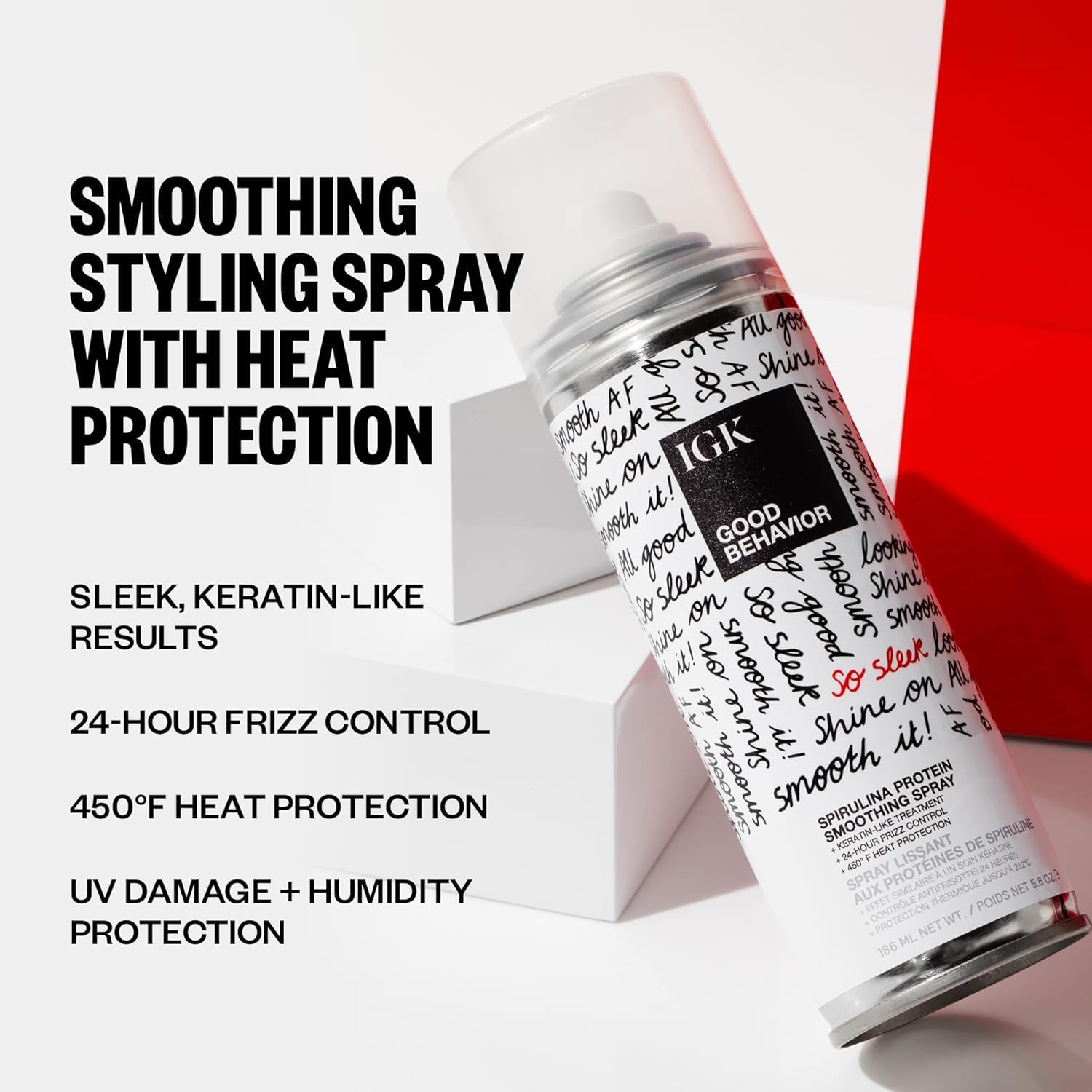 IGK GOOD BEHAVIOR Spirulina Protein Smoothing Spray Travel Bundle – Keratin-Like Smoothing, Frizz Control & Heat Protectant (5.6oz + 2.4oz)