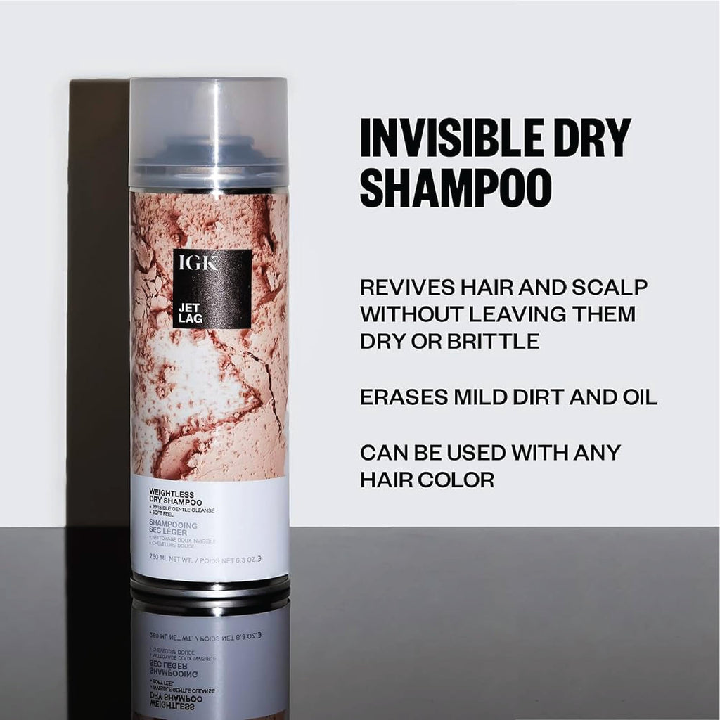 IGK Jet Lag Invisible Dry Shampoo – Full + Travel Size (2 Pack) | Weightless Buildable Cleanse with Volcanic Ash