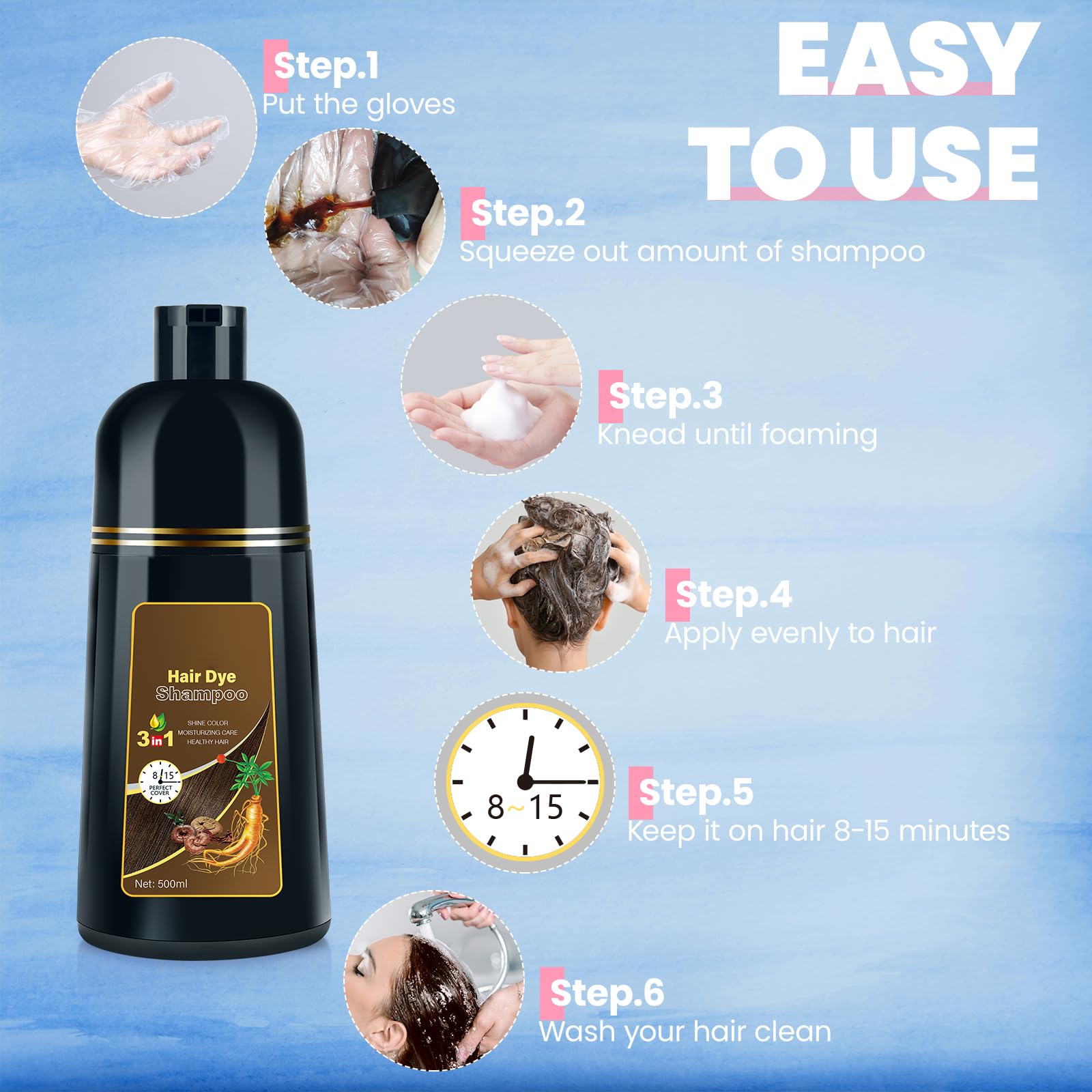 IIIMEIDU Hair Dye Shampoo for Gray Hair Coverage – 3-in-1 Natural Dye, 500ml (Light Brown)