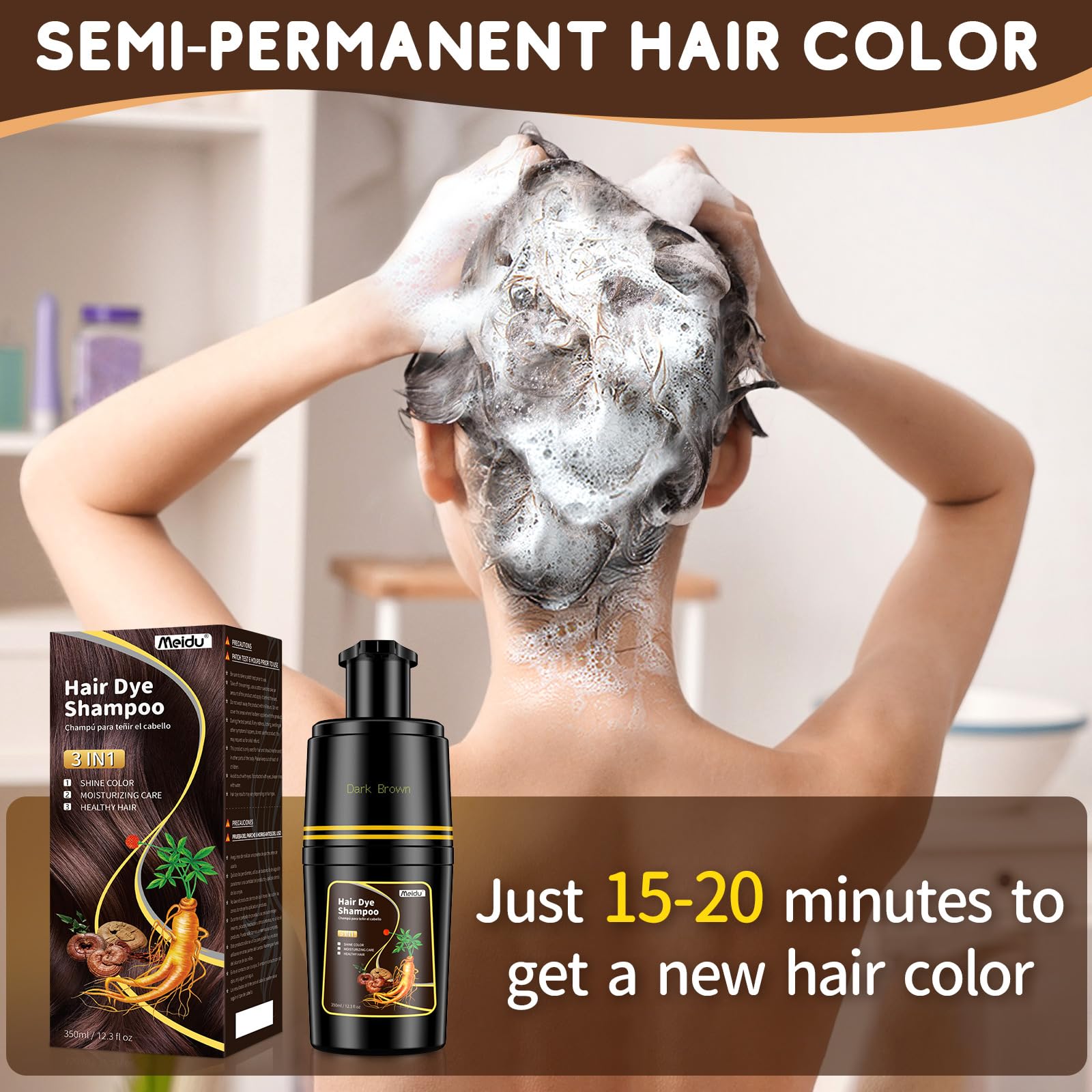 IIIMEIDU Dark Brown Hair Dye Shampoo 3-in-1 for Gray Hair – 350ml