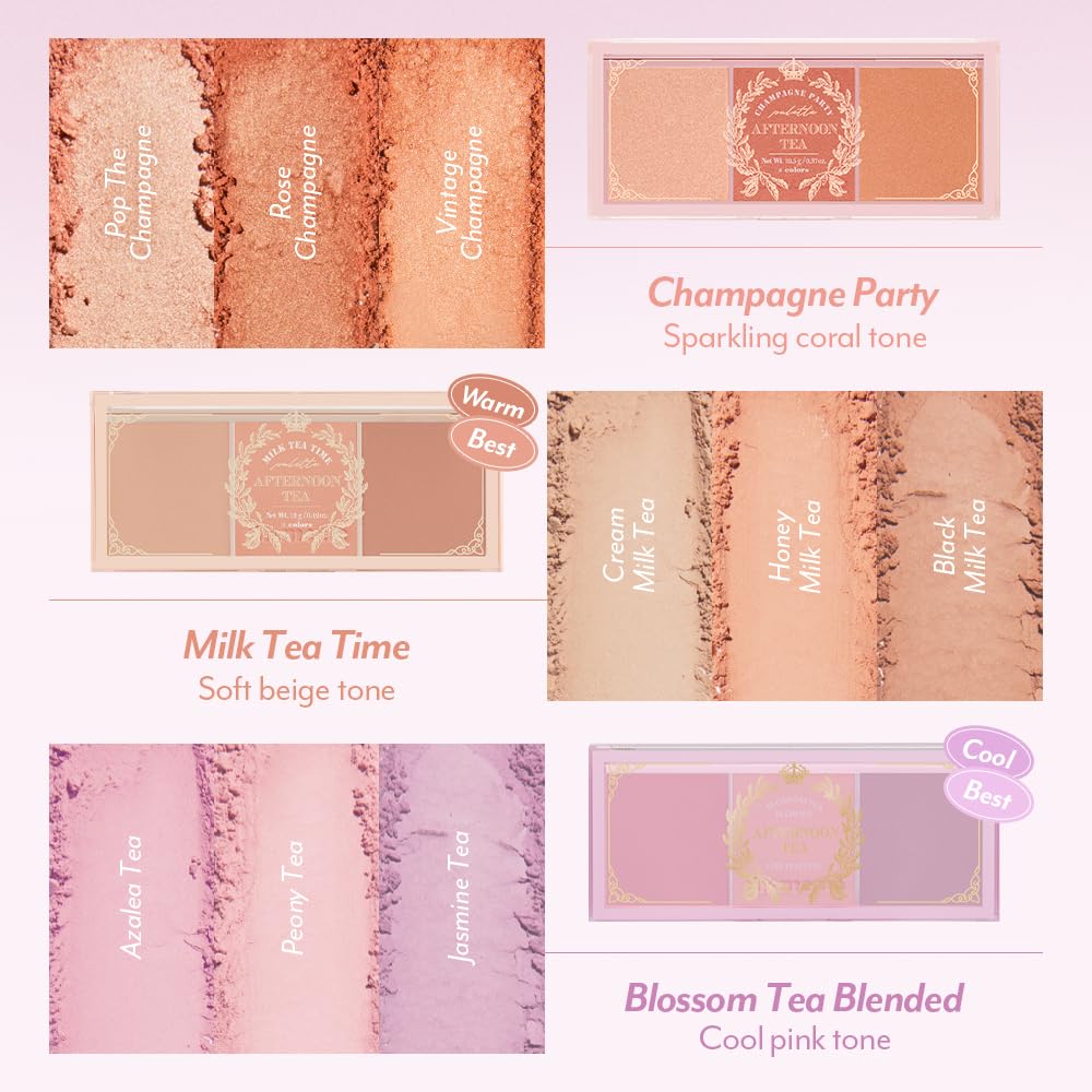 I'M MEME Blusher Palette - Afternoon Tea Blossom Tea | Soft Pink, Peach, Lavender | 3-Shade Matte Blush for All Skin Tones | 0.4 oz