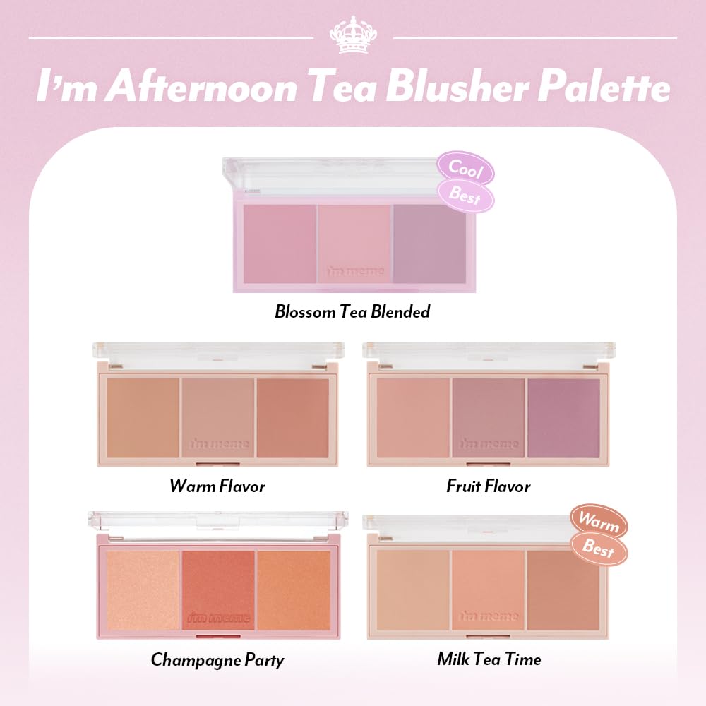 I'M MEME Blusher Palette - Afternoon Tea Blossom Tea | Soft Pink, Peach, Lavender | 3-Shade Matte Blush for All Skin Tones | 0.4 oz