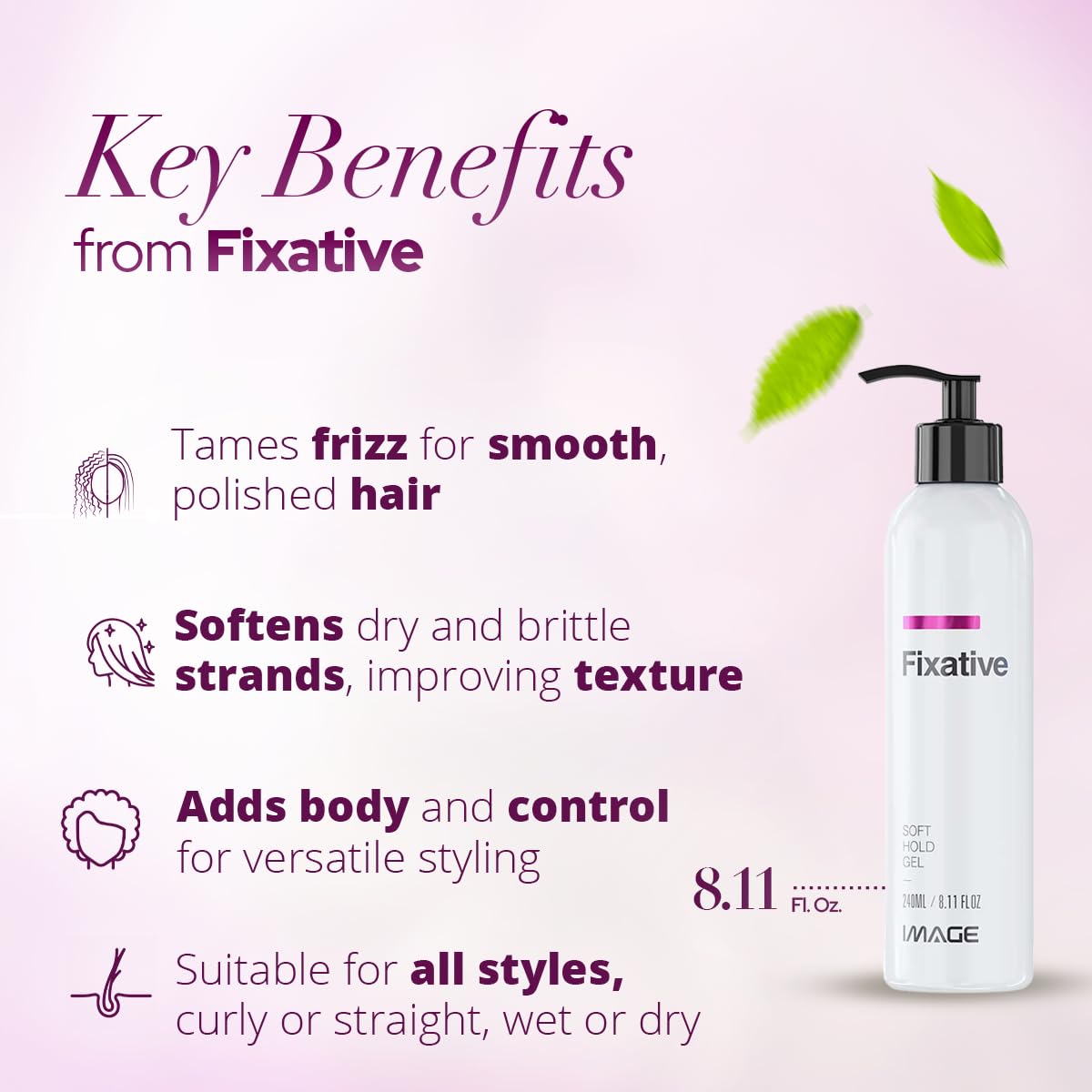 Image Fixative Natural Styler Hair Gel – Soft Hold, Frizz Control, UV Protection | 32 Fl Oz