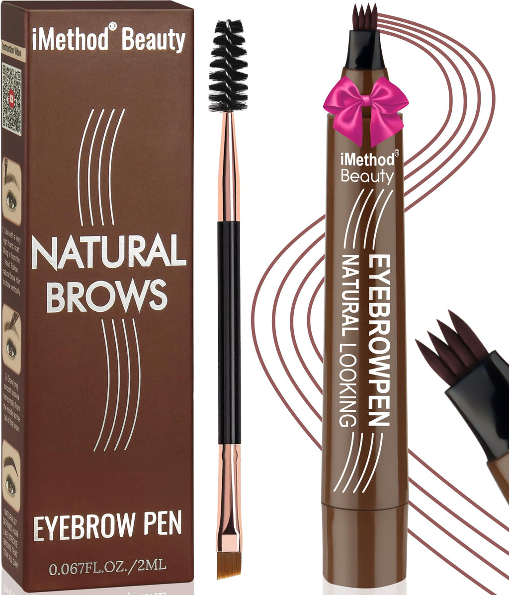 iMethod Eyebrow Pen: 4 Fork Tip + Spoolie Brush for Natural, Long-Lasting Brows (Reddish Brown)
