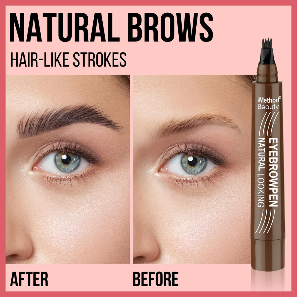 iMethod Eyebrow Pen: 4 Fork Tip + Spoolie Brush for Natural, Long-Lasting Brows (Reddish Brown)