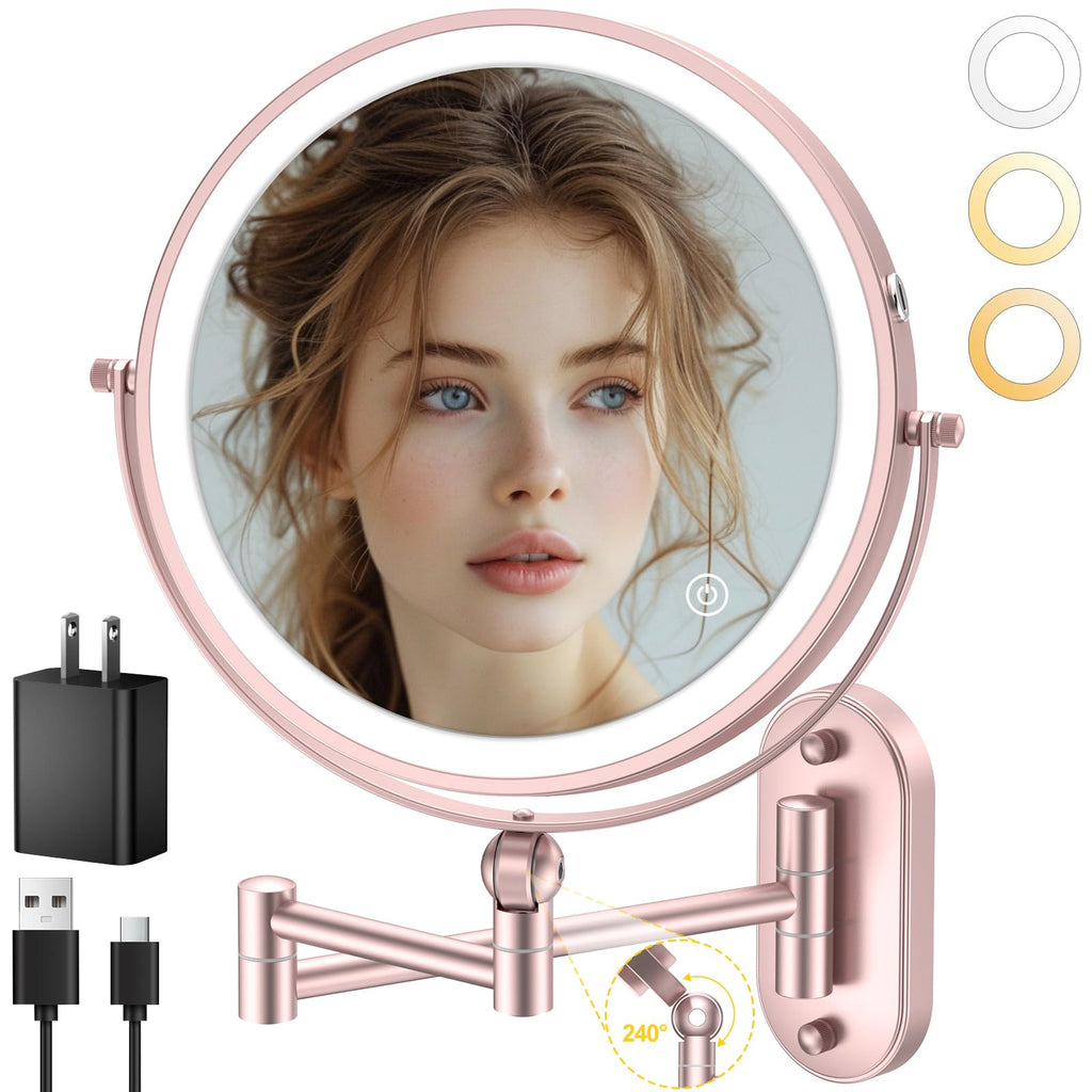 IMIKONA 9-Inch Wall Mounted Lighted Makeup Mirror – 1X/10X Magnification, 4000mAh Rechargeable, 3 Color Lights
