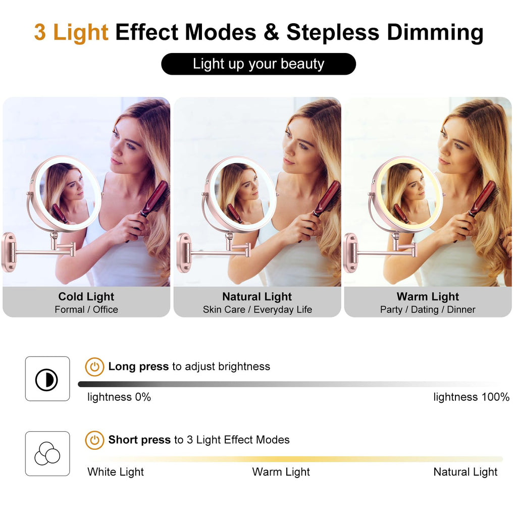 IMIKONA 9-Inch Wall Mounted Lighted Makeup Mirror – 1X/10X Magnification, 4000mAh Rechargeable, 3 Color Lights