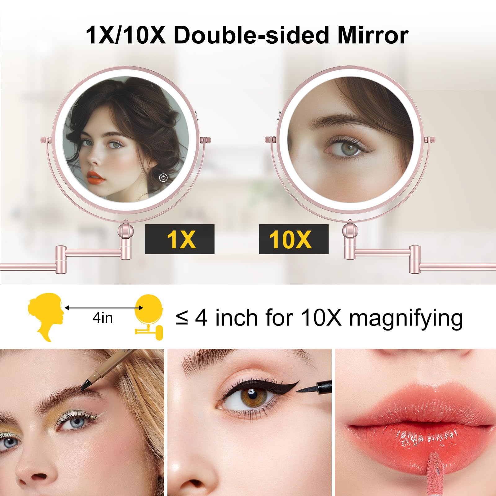 IMIKONA 9-Inch Wall Mounted Lighted Makeup Mirror – 1X/10X Magnification, 4000mAh Rechargeable, 3 Color Lights
