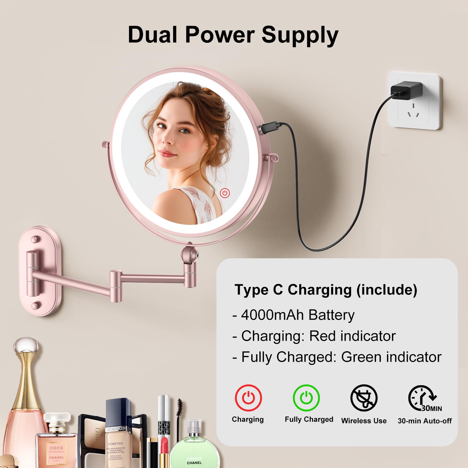 IMIKONA 9-Inch Wall Mounted Lighted Makeup Mirror – 1X/10X Magnification, 4000mAh Rechargeable, 3 Color Lights