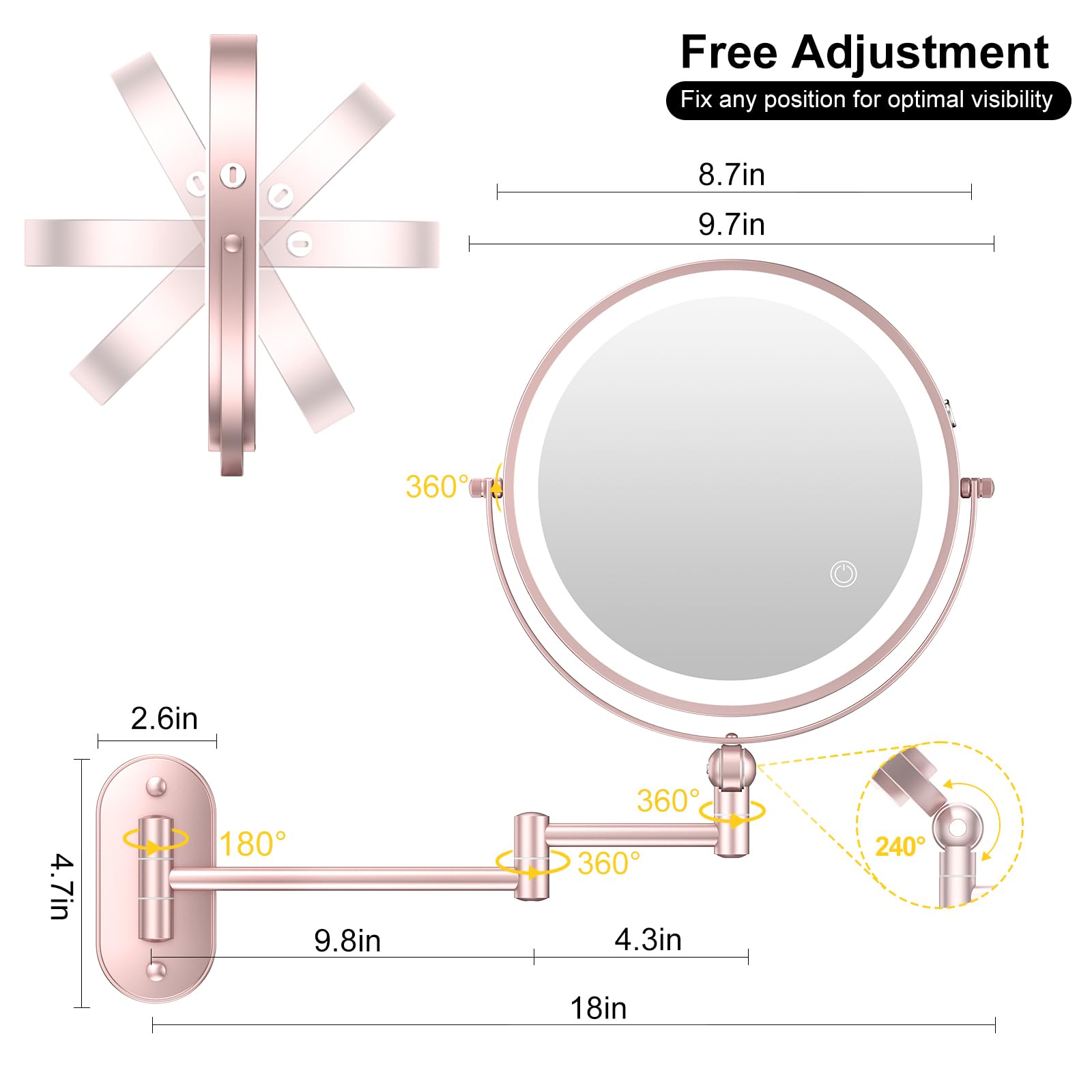 IMIKONA 9-Inch Wall Mounted Lighted Makeup Mirror – 1X/10X Magnification, 4000mAh Rechargeable, 3 Color Lights