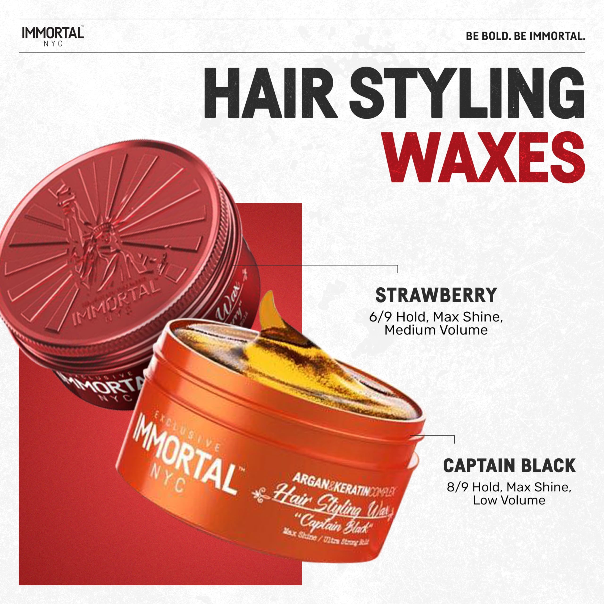 Immortal NYC Captain Black Hair Wax – 8/9 Hold, Max Shine, All-Natural Water-Based for Men