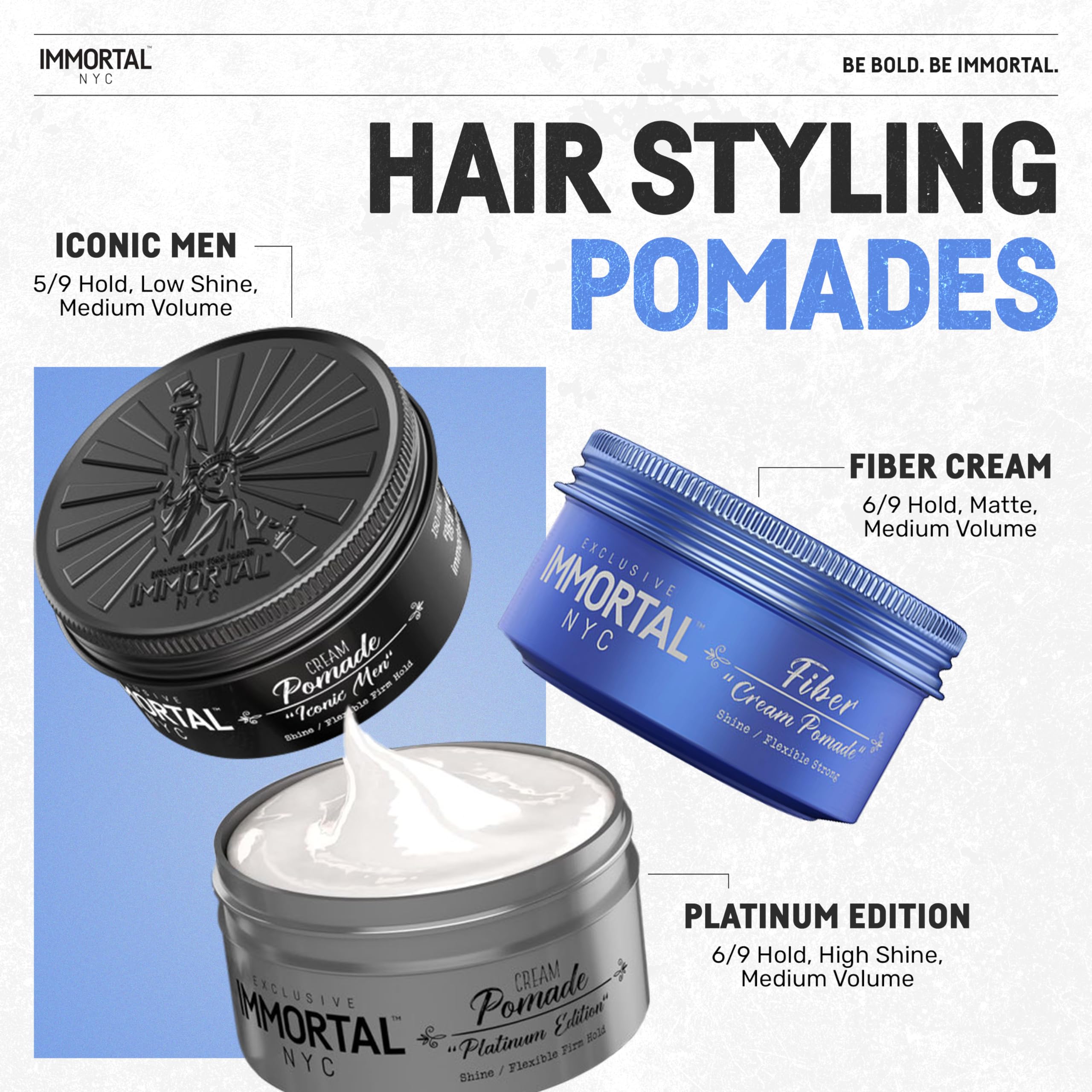 Immortal NYC Fiber Cream Pomade – Flexible Hold, Low Shine, Water-Based Hair Styling for Men
