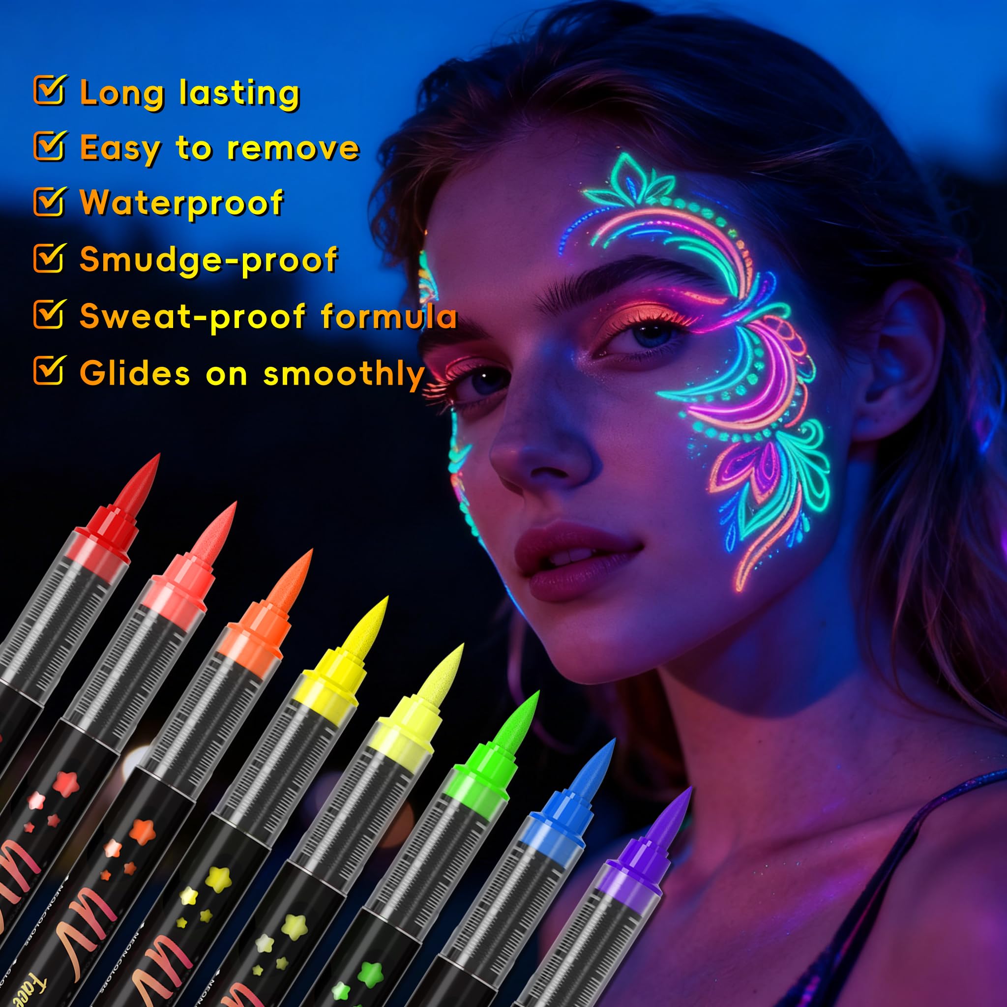INAFKDPONR 16-Color Luminous Body Painting Kit | UV Neon Face Paint Pens | Washable Skin Tattoo Pen for Parties