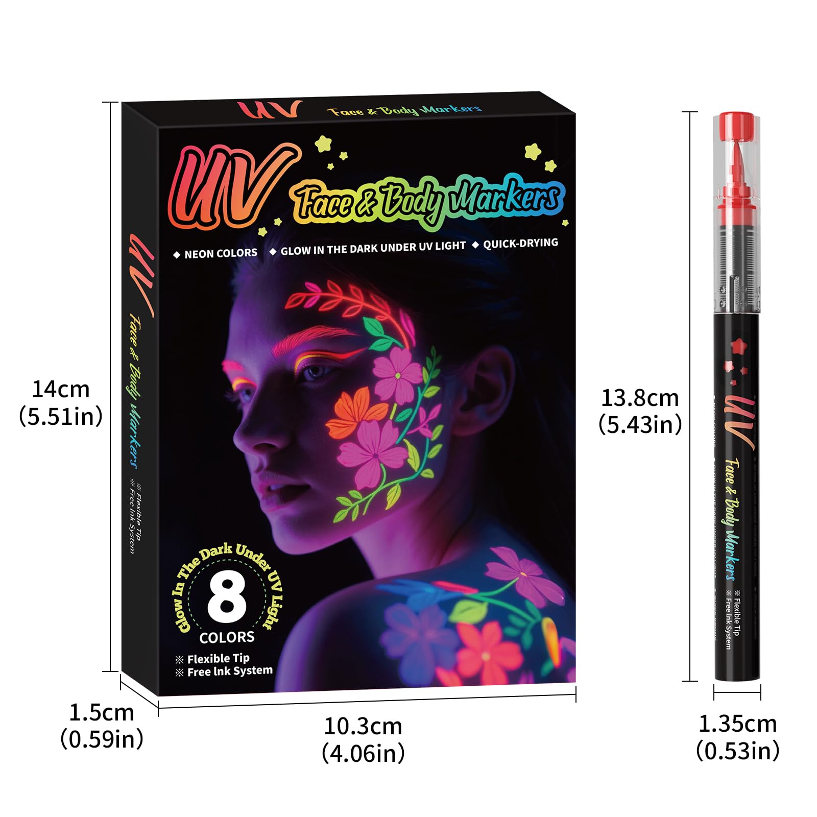 INAFKDPONR 16-Color Luminous Body Painting Kit | UV Neon Face Paint Pens | Washable Skin Tattoo Pen for Parties