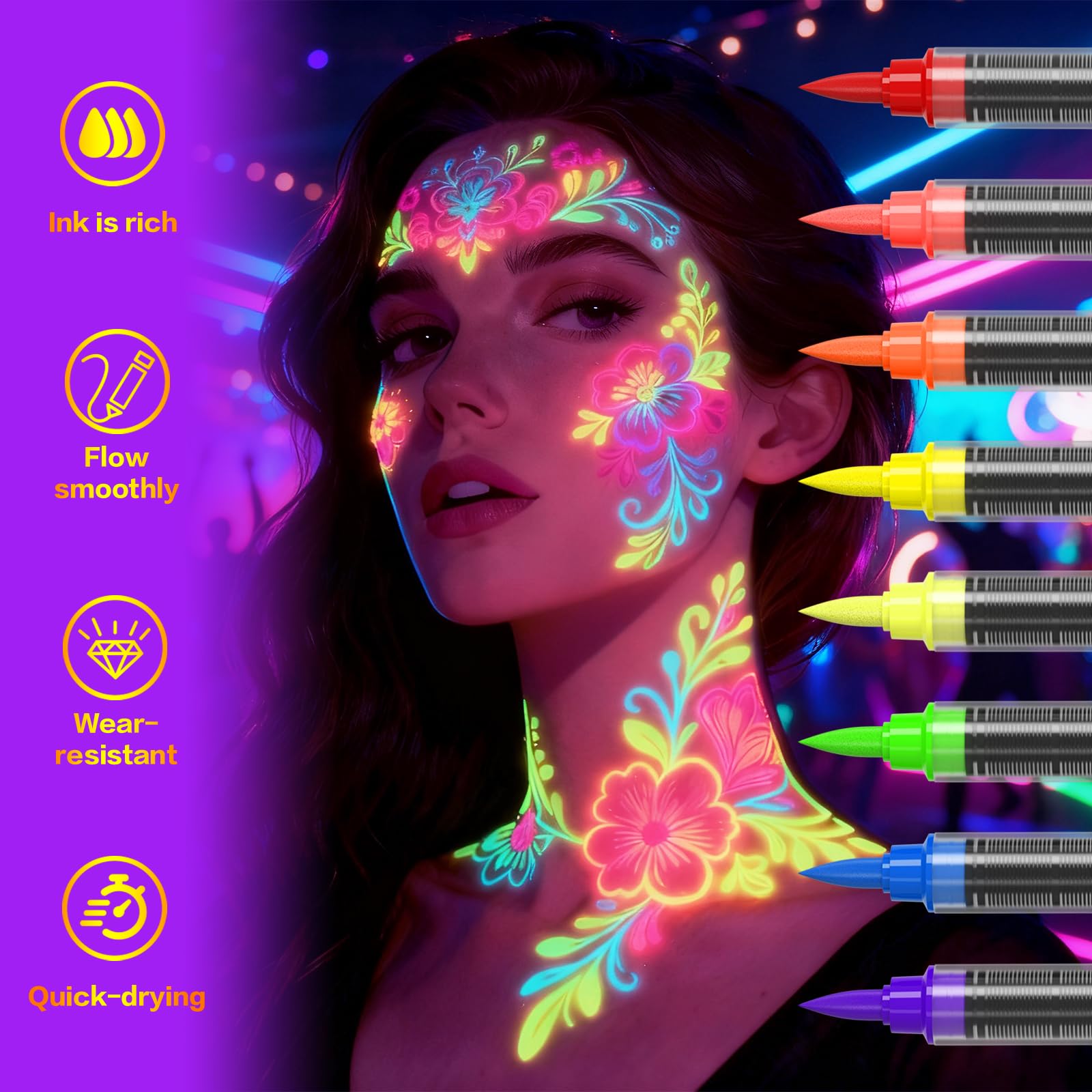 INAFKDPONR 16-Color Luminous Body Painting Kit | UV Neon Face Paint Pens | Washable Skin Tattoo Pen for Parties