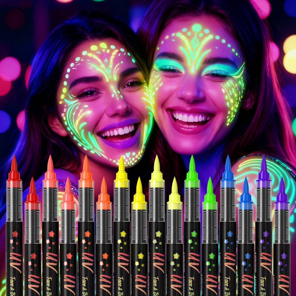 INAFKDPONR 16-Color Luminous Body Painting Kit | UV Neon Face Paint Pens | Washable Skin Tattoo Pen for Parties