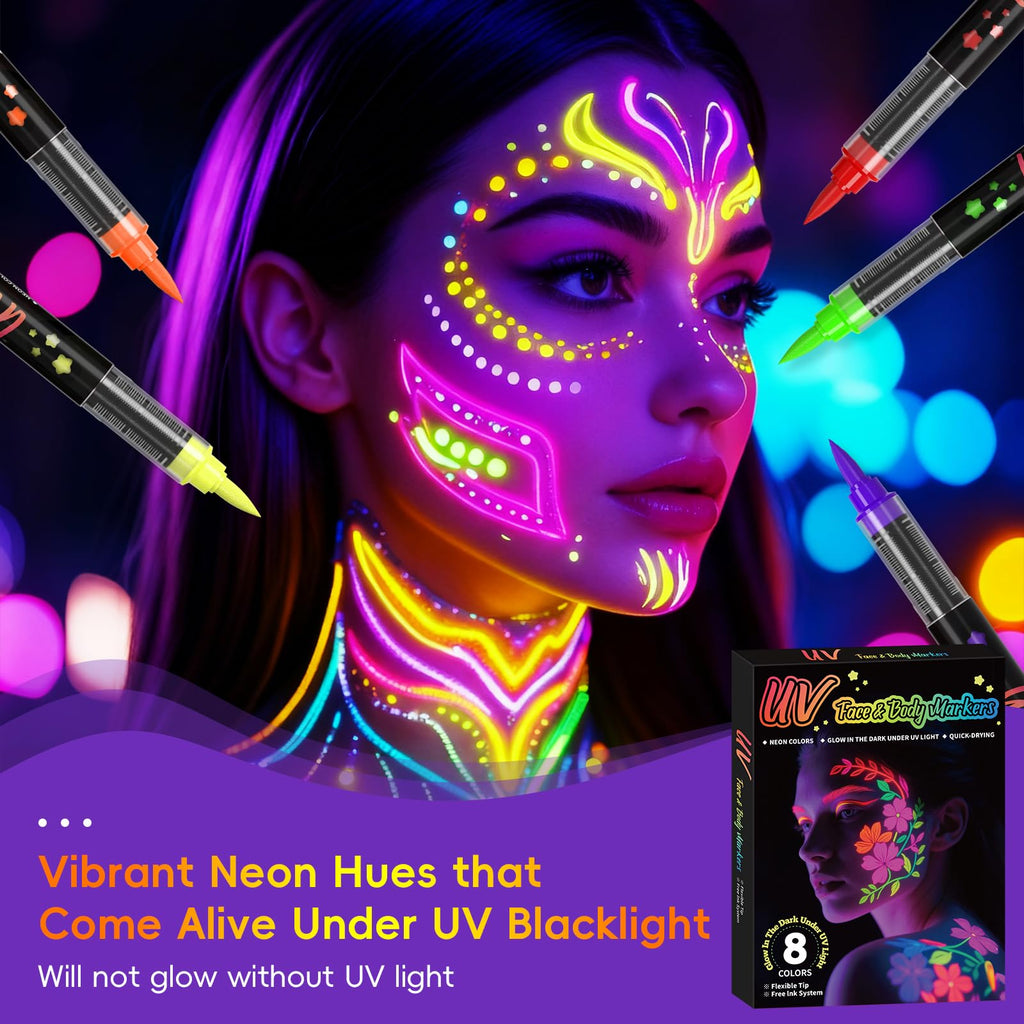INAFKDPONR 16-Color Luminous Body Painting Kit | UV Neon Face Paint Pens | Washable Skin Tattoo Pen for Parties