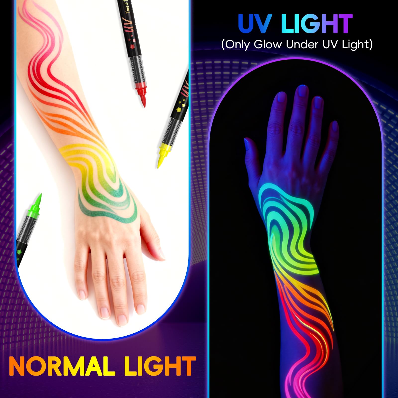 INAFKDPONR 16-Color Luminous Body Painting Kit | UV Neon Face Paint Pens | Washable Skin Tattoo Pen for Parties