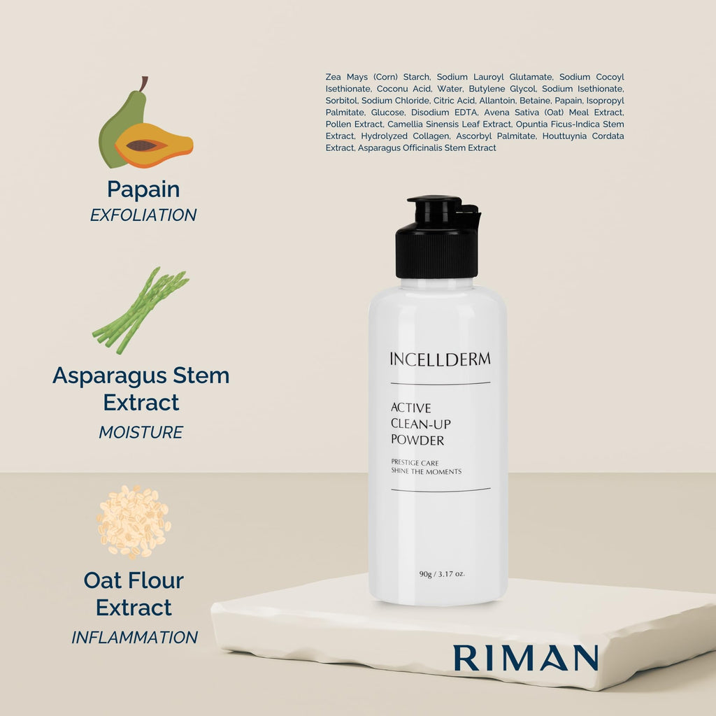 INCELLDERM Active Clean-Up Powder 90g | Water-Activated Papain Cleanser