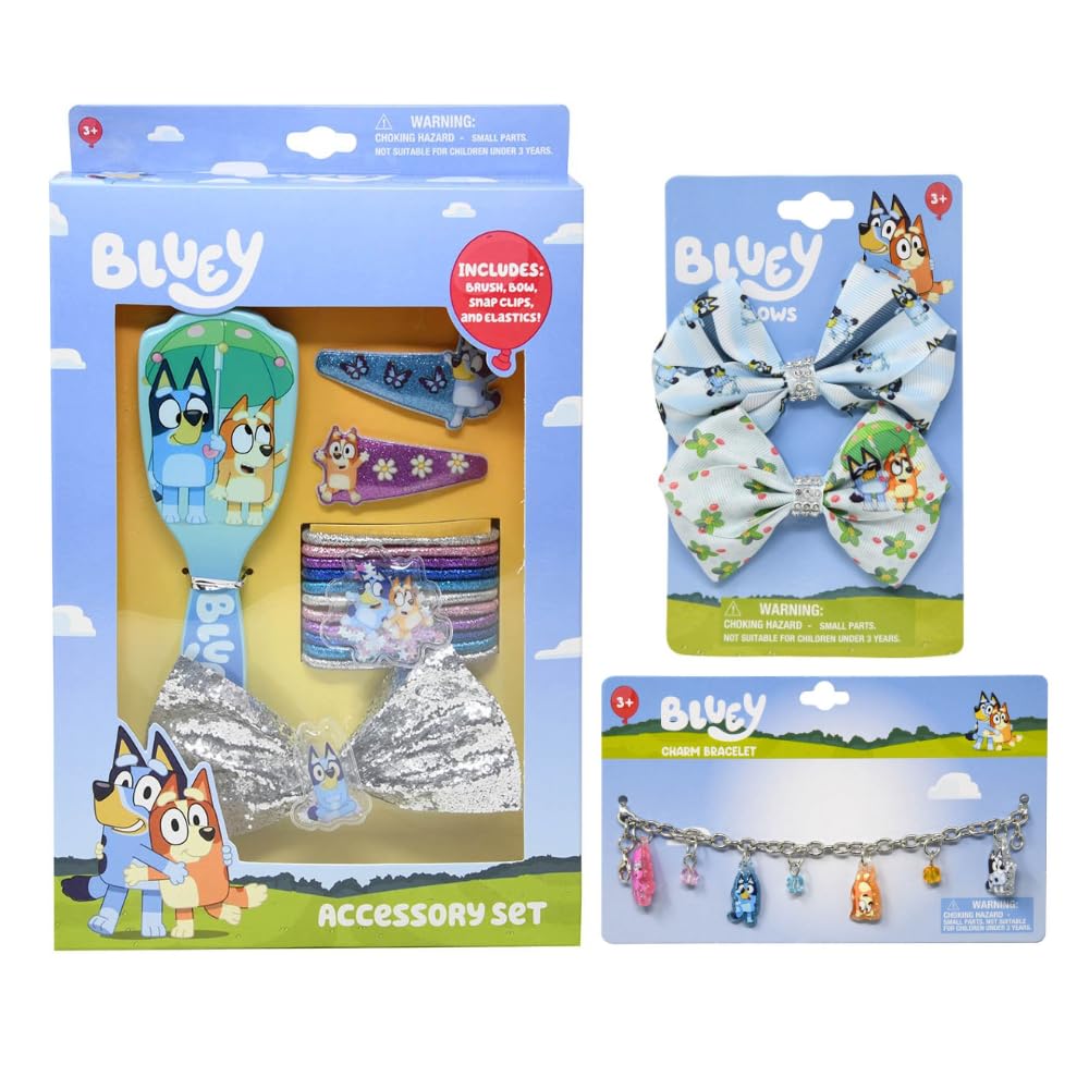 Increditoyz Bluey Hair Accessories Set for Kids — 3+ Years | Brush, Bows, Clips, Elastics & Charm Bracelet | INCREDITOYZ