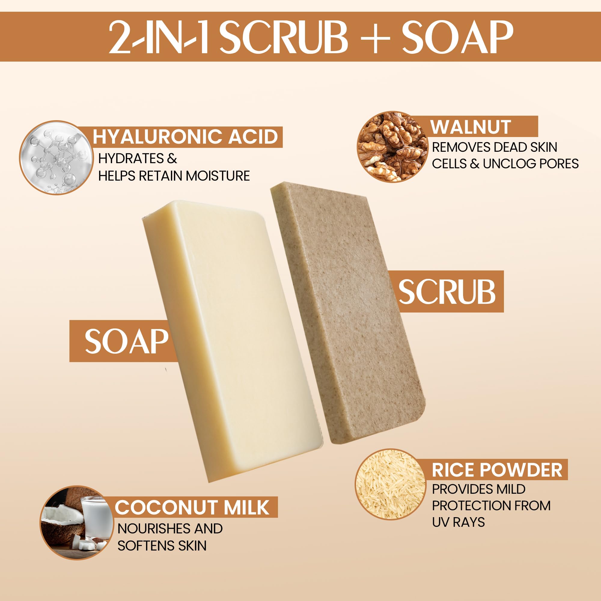 INDIAN SECRETS Scrub Soap with Hyaluronic Acid & Coconut Milk – Moisturizing Dual-Texture Body Soap (Pack of 3)