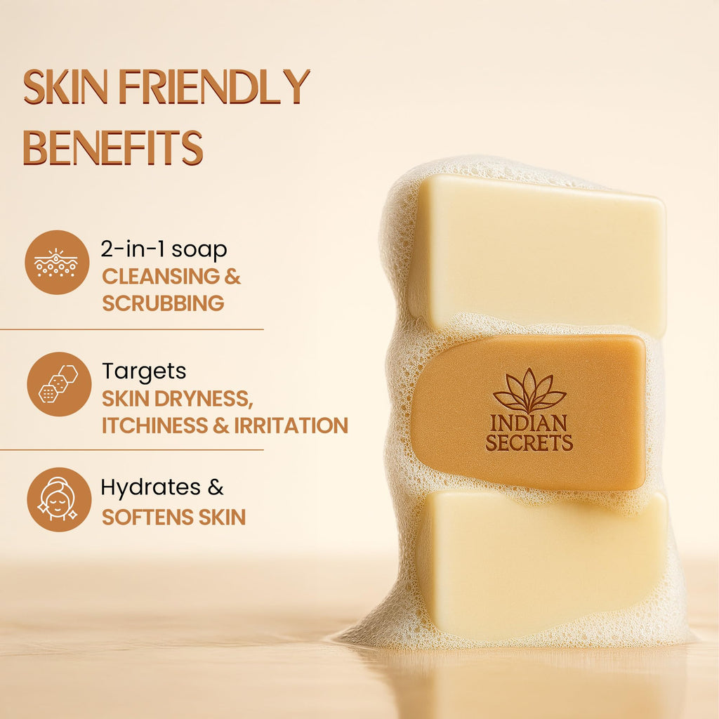 INDIAN SECRETS Scrub Soap with Hyaluronic Acid & Coconut Milk – Moisturizing Dual-Texture Body Soap (Pack of 3)