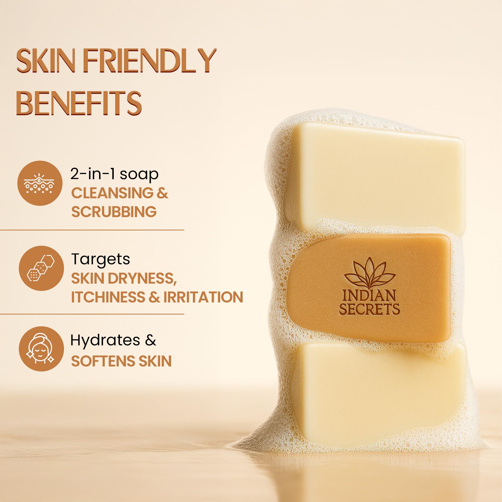 INDIAN SECRETS Scrub Soap with Hyaluronic Acid & Coconut Milk – Moisturizing Dual-Texture Body Soap (Pack of 3)