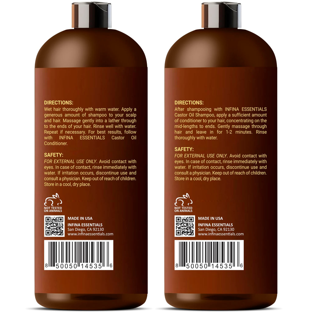 INFINA ESSENTIALS Castor Oil Shampoo & Conditioner Set – Rosemary & Peppermint for Scalp Nourishment, 16 oz