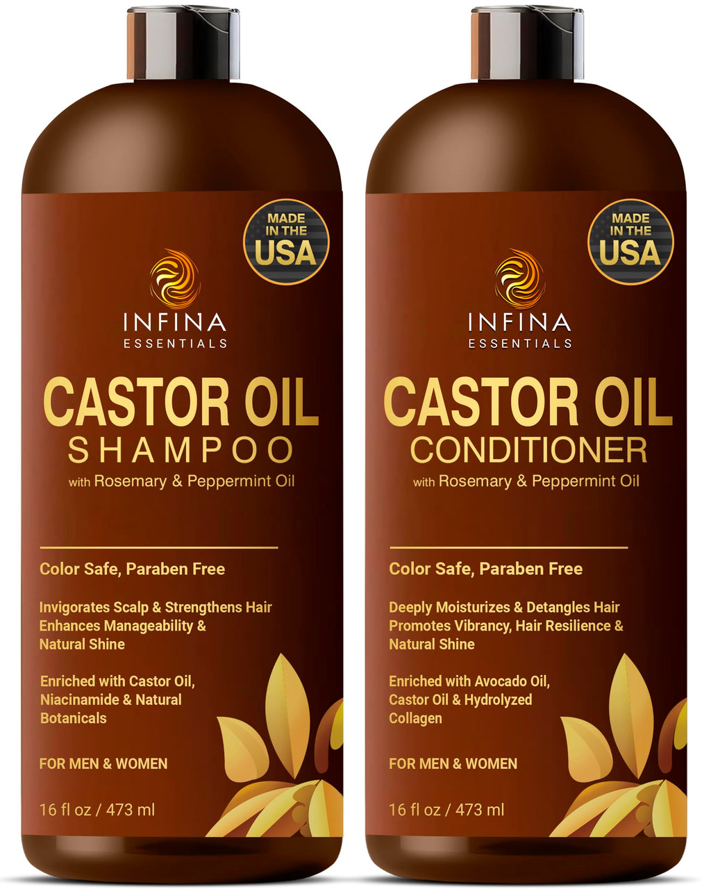 INFINA ESSENTIALS Castor Oil Shampoo & Conditioner Set – Rosemary & Peppermint for Scalp Nourishment, 16 oz