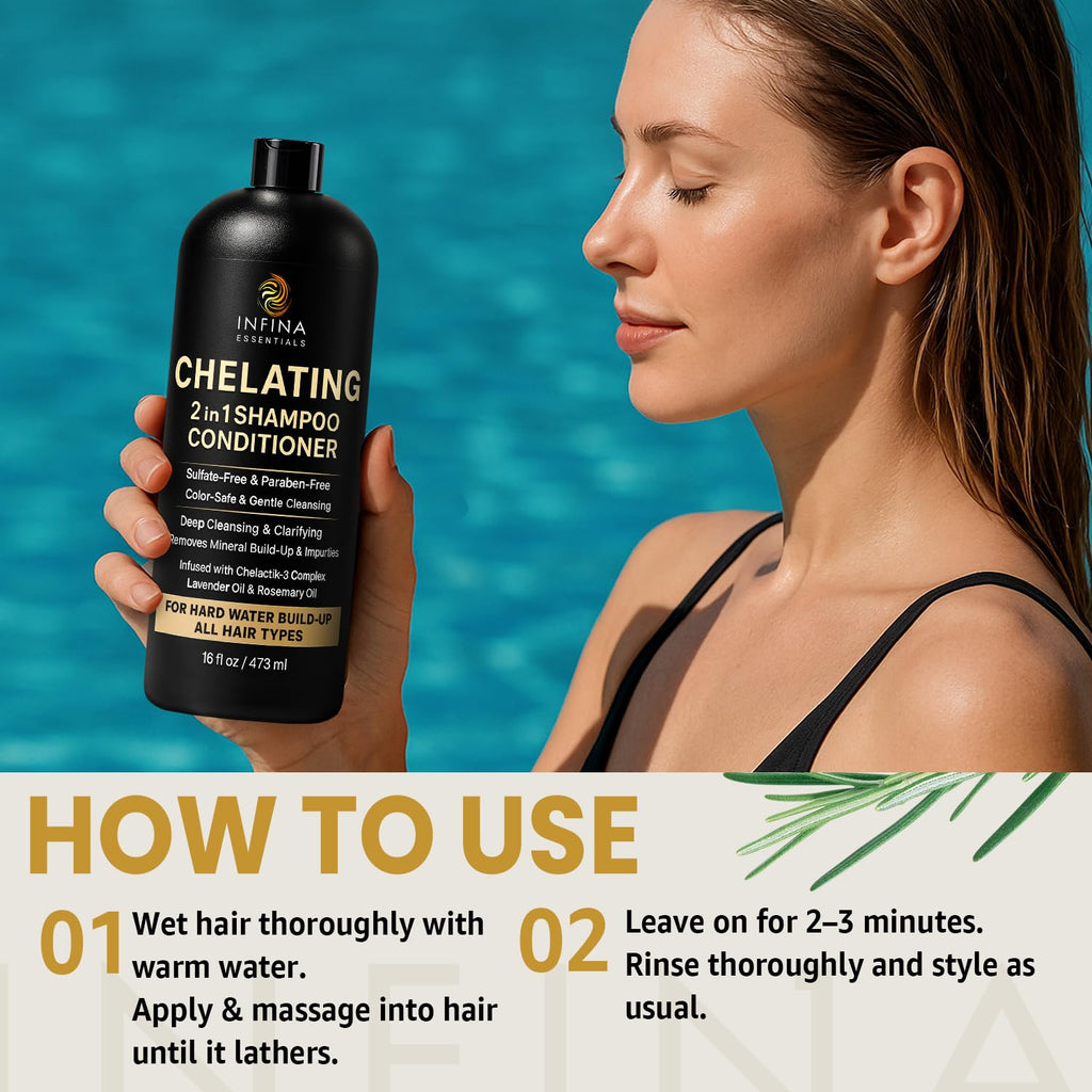 INFINA ESSENTIALS Hard Water Shampoo & Conditioner – 2-in-1 Chelating Cleanser for Mineral Buildup (Sulfate-Free, Color Safe) – 16 fl oz