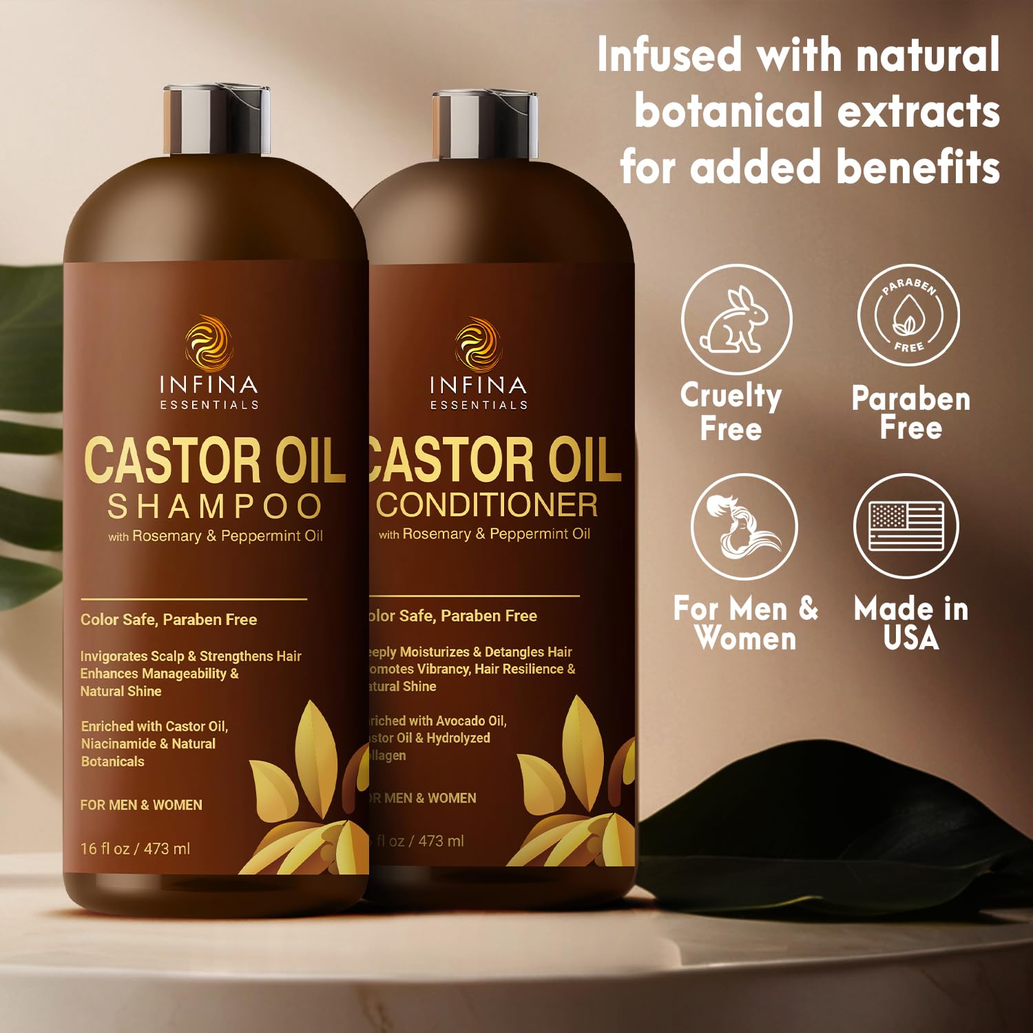 INFINA ESSENTIALS Castor Oil Shampoo & Conditioner Set – Rosemary & Peppermint for Scalp Nourishment, 16 oz