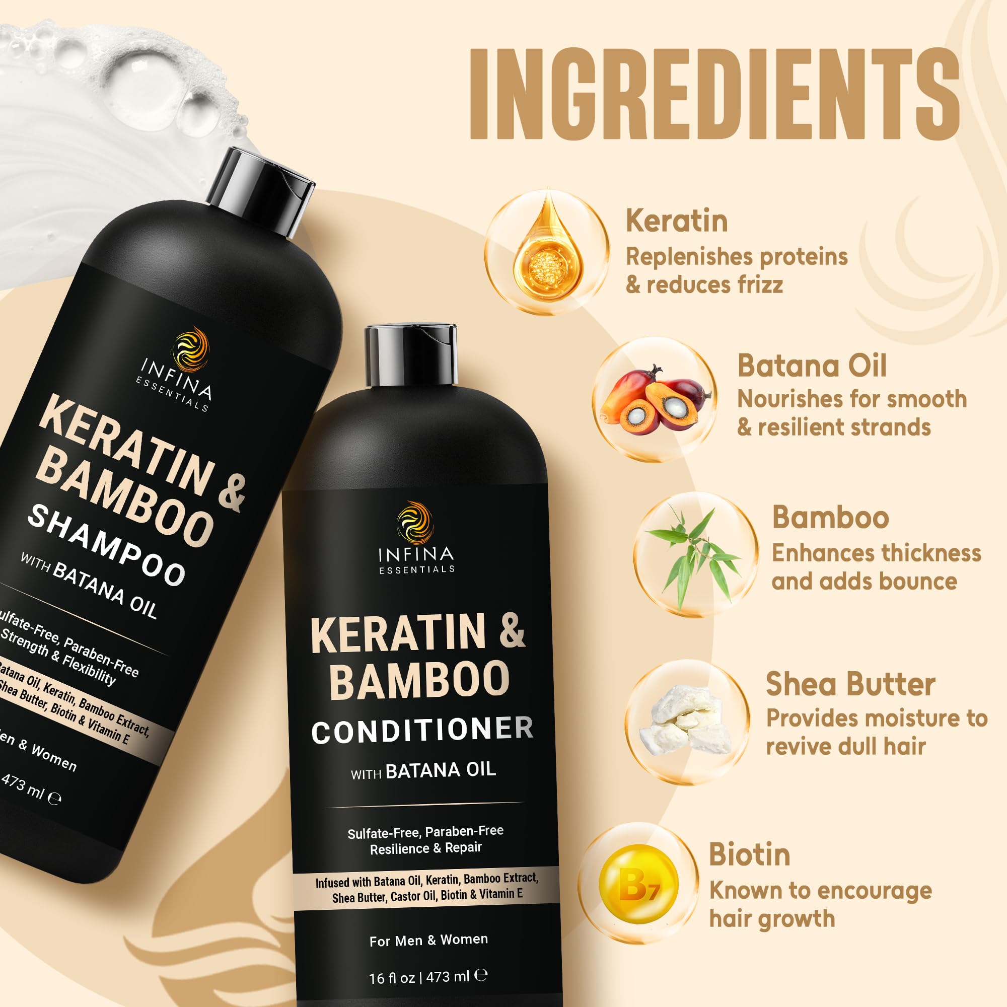 INFINA ESSENTIALS Keratin Shampoo & Conditioner Set – 16 fl oz Each | Batana Oil & Bamboo Extract