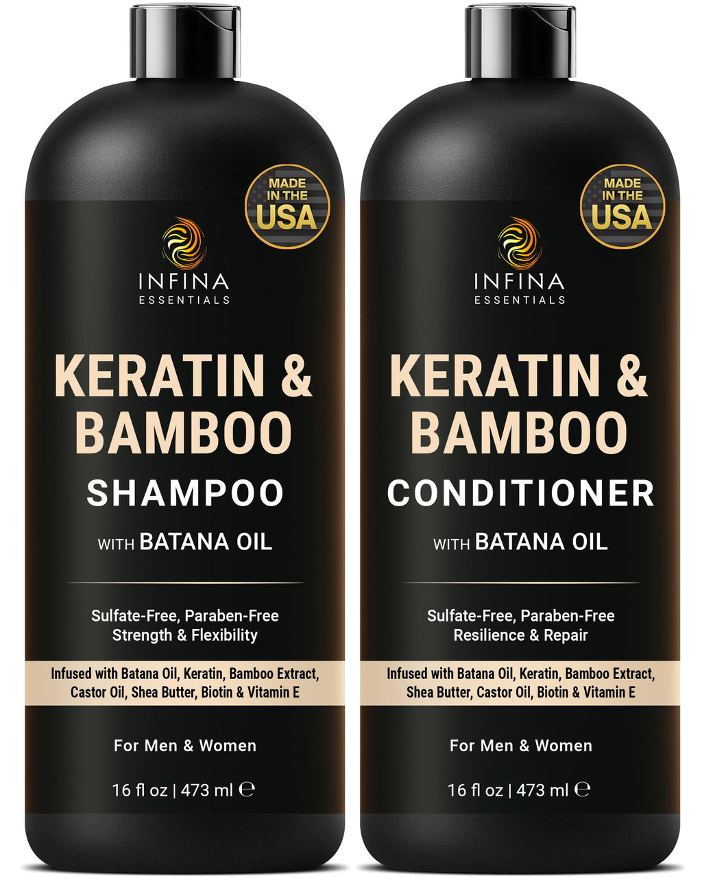 INFINA ESSENTIALS Keratin Shampoo & Conditioner Set – 16 fl oz Each | Batana Oil & Bamboo Extract