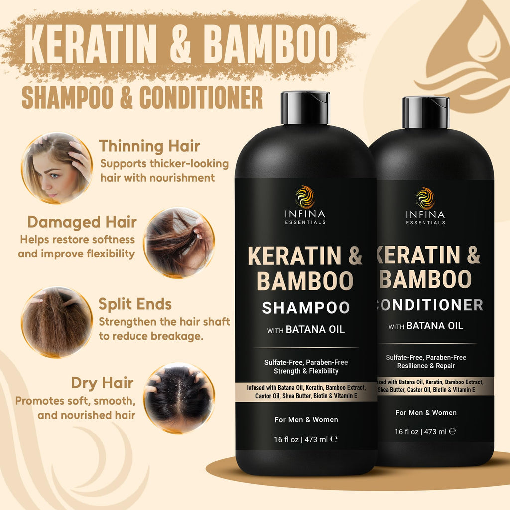 INFINA ESSENTIALS Keratin Shampoo & Conditioner Set – 16 fl oz Each | Batana Oil & Bamboo Extract