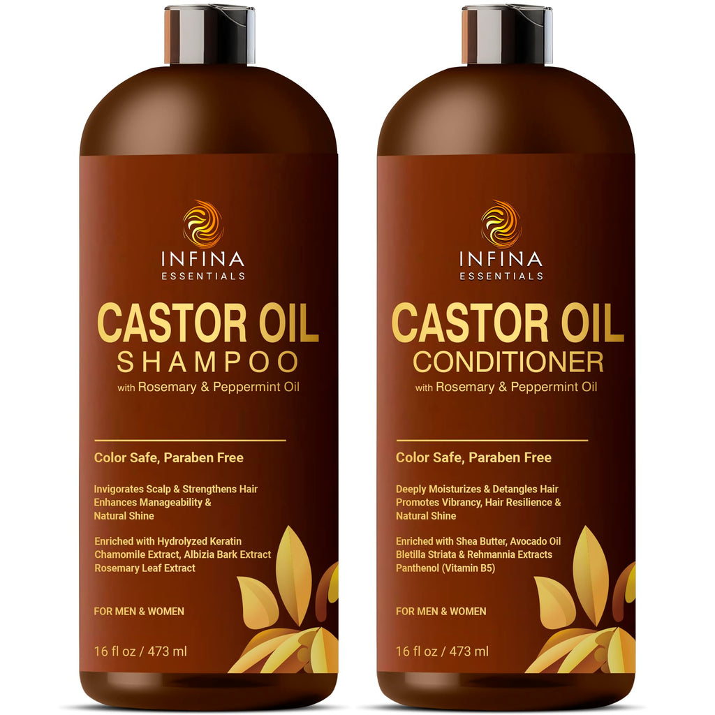 INFINA ESSENTIALS Castor Oil Shampoo & Conditioner Set – Rosemary & Peppermint for Scalp Nourishment, 16 oz