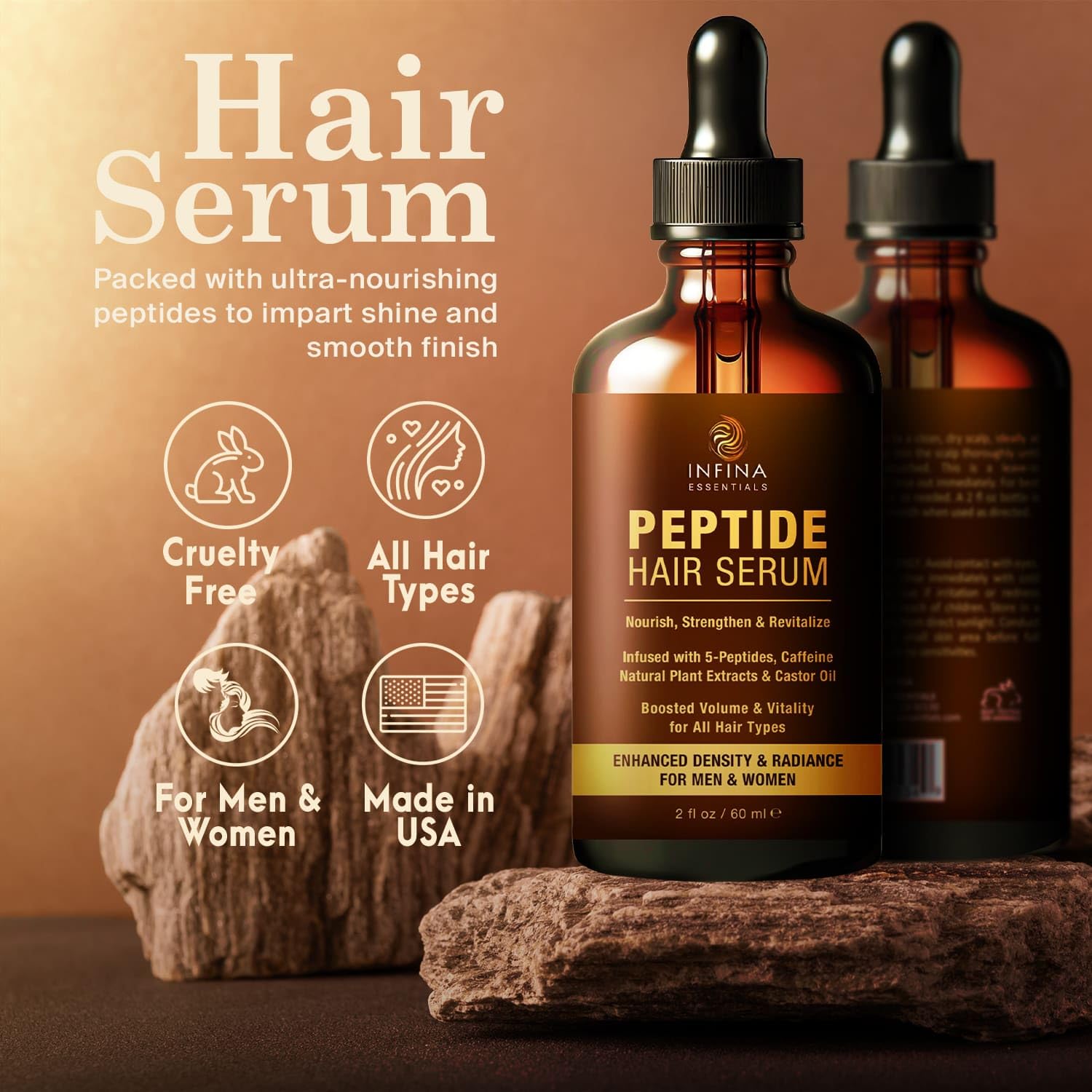 INFINA ESSENTIALS Peptide Hair Serum for Growth – Copper Peptides, Caffeine, 2 fl oz