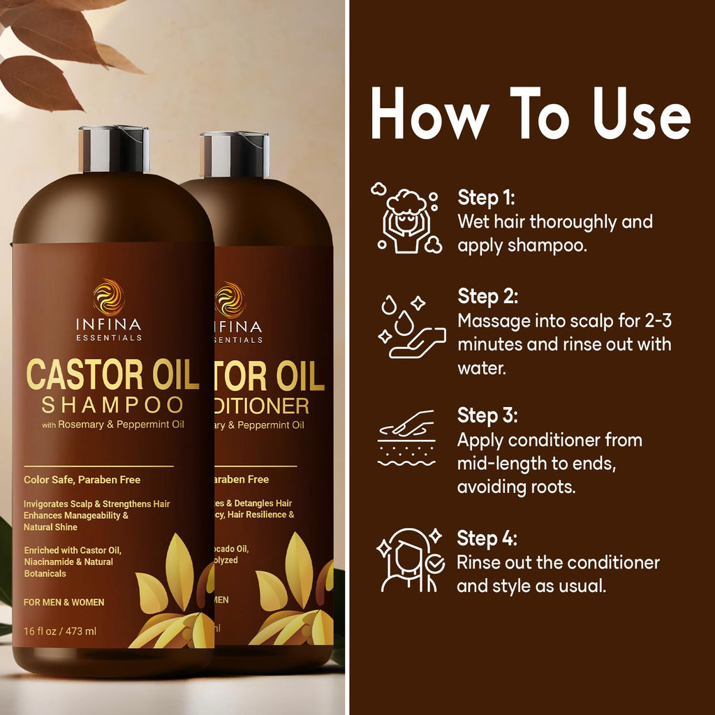 INFINA ESSENTIALS Castor Oil Shampoo & Conditioner Set – Rosemary & Peppermint for Scalp Nourishment, 16 oz