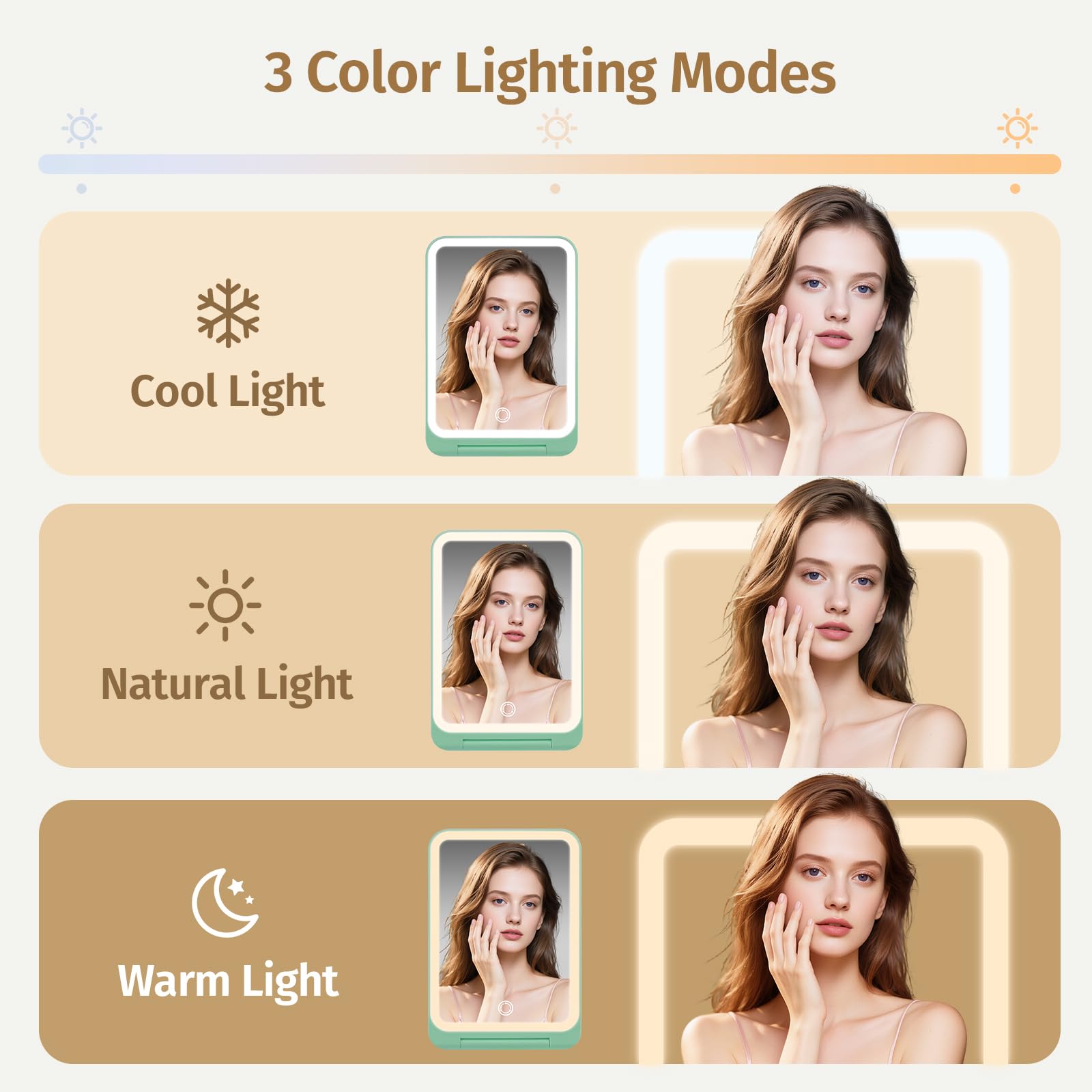 INFOOD Travel Makeup Mirror - Rechargeable LED Vanity with 1x/3x Magnification, 3-Color Dimmable Light, Foldable Mint Green