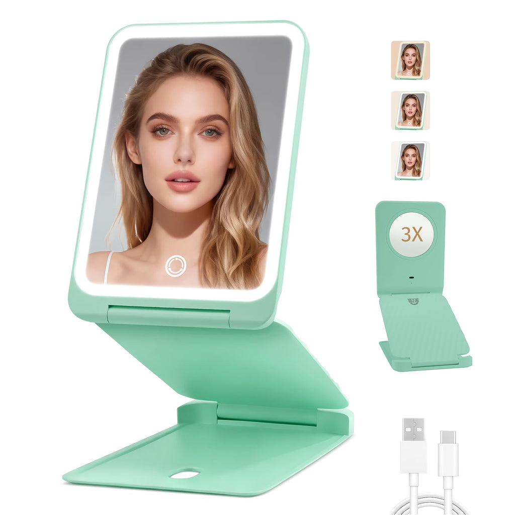INFOOD Travel Makeup Mirror - Rechargeable LED Vanity with 1x/3x Magnification, 3-Color Dimmable Light, Foldable Mint Green