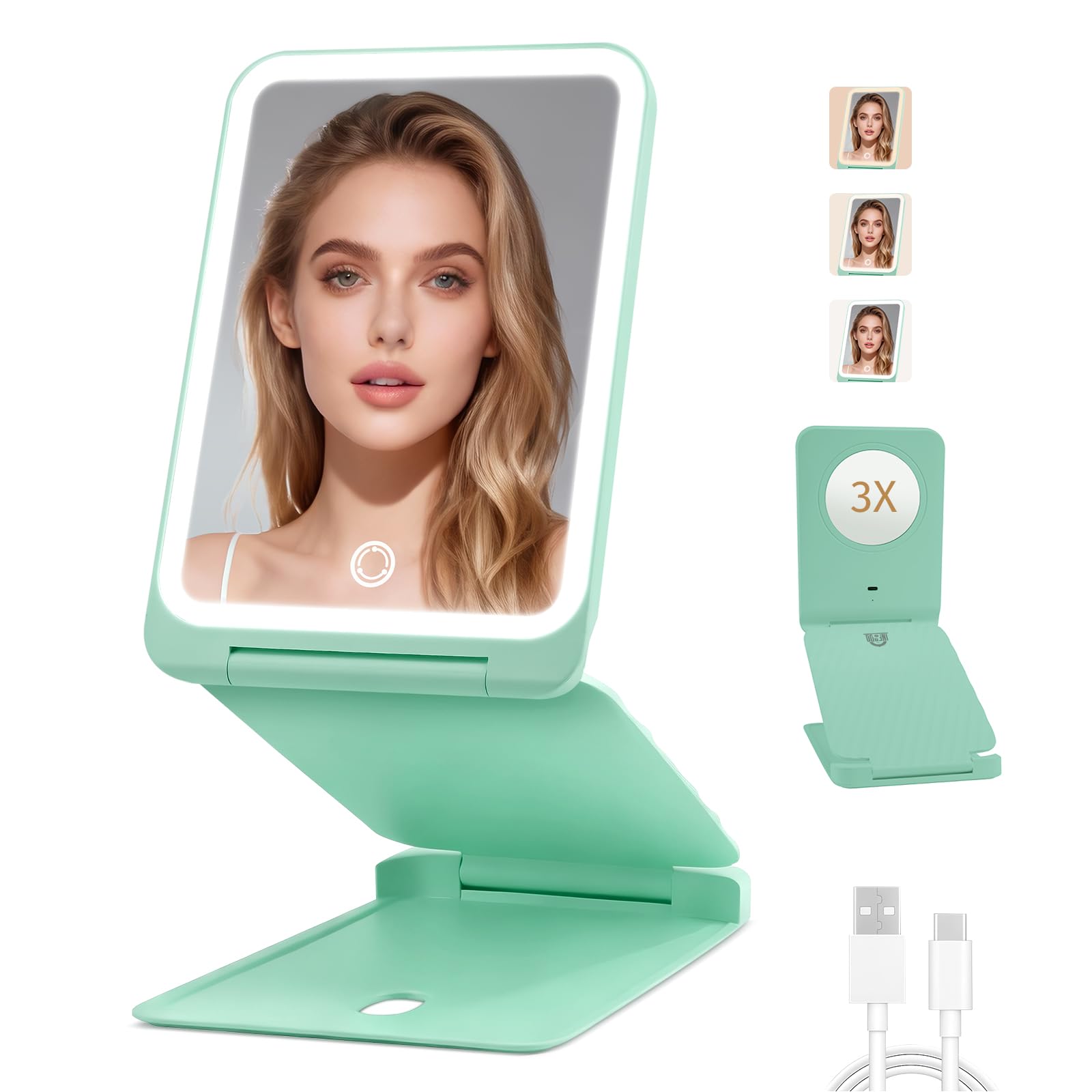 INFOOD Travel Makeup Mirror - Rechargeable LED Vanity with 1x/3x Magnification, 3-Color Dimmable Light, Foldable Mint Green