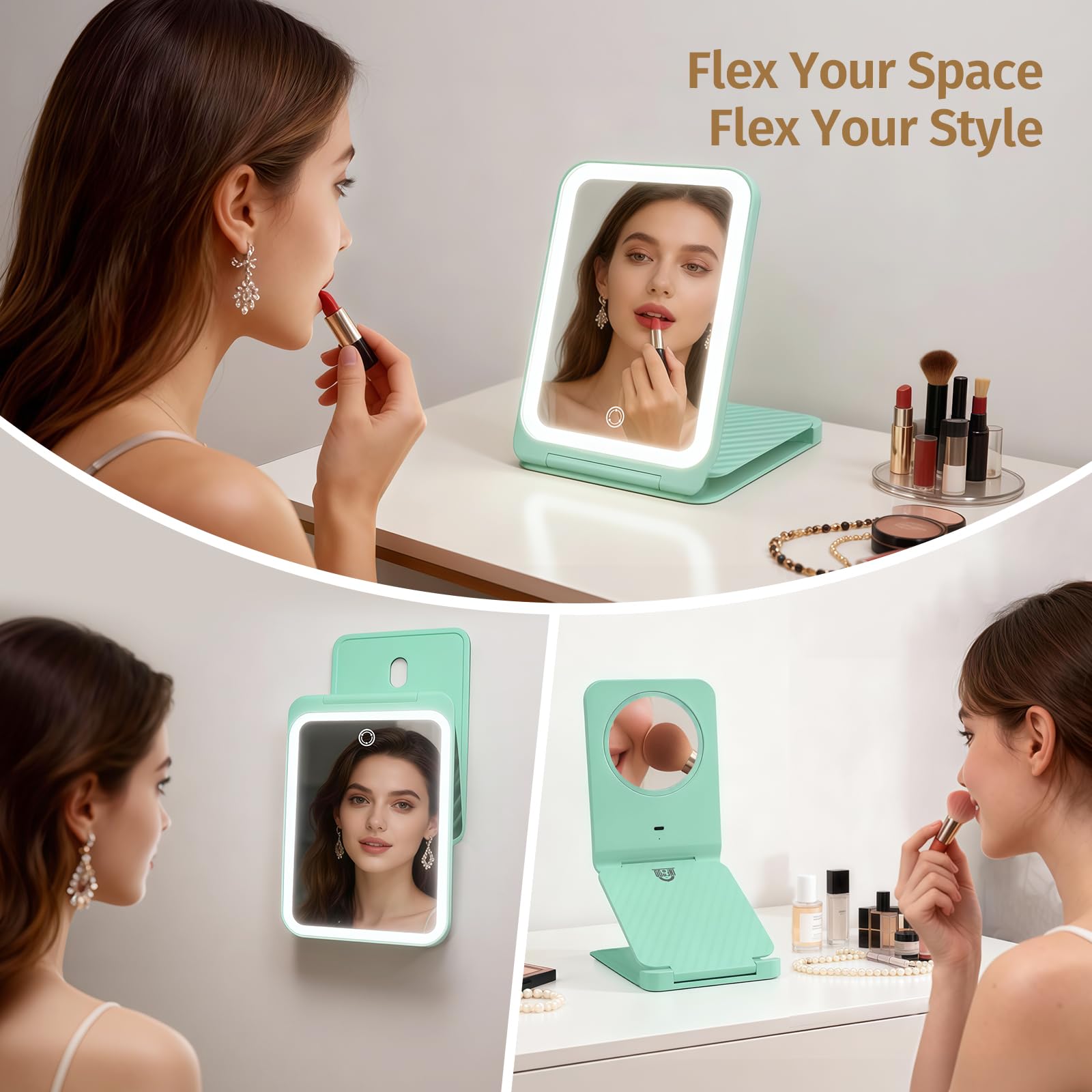 INFOOD Travel Makeup Mirror - Rechargeable LED Vanity with 1x/3x Magnification, 3-Color Dimmable Light, Foldable Mint Green