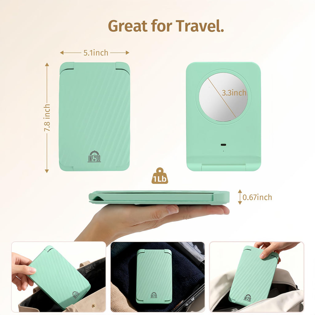 INFOOD Travel Makeup Mirror - Rechargeable LED Vanity with 1x/3x Magnification, 3-Color Dimmable Light, Foldable Mint Green