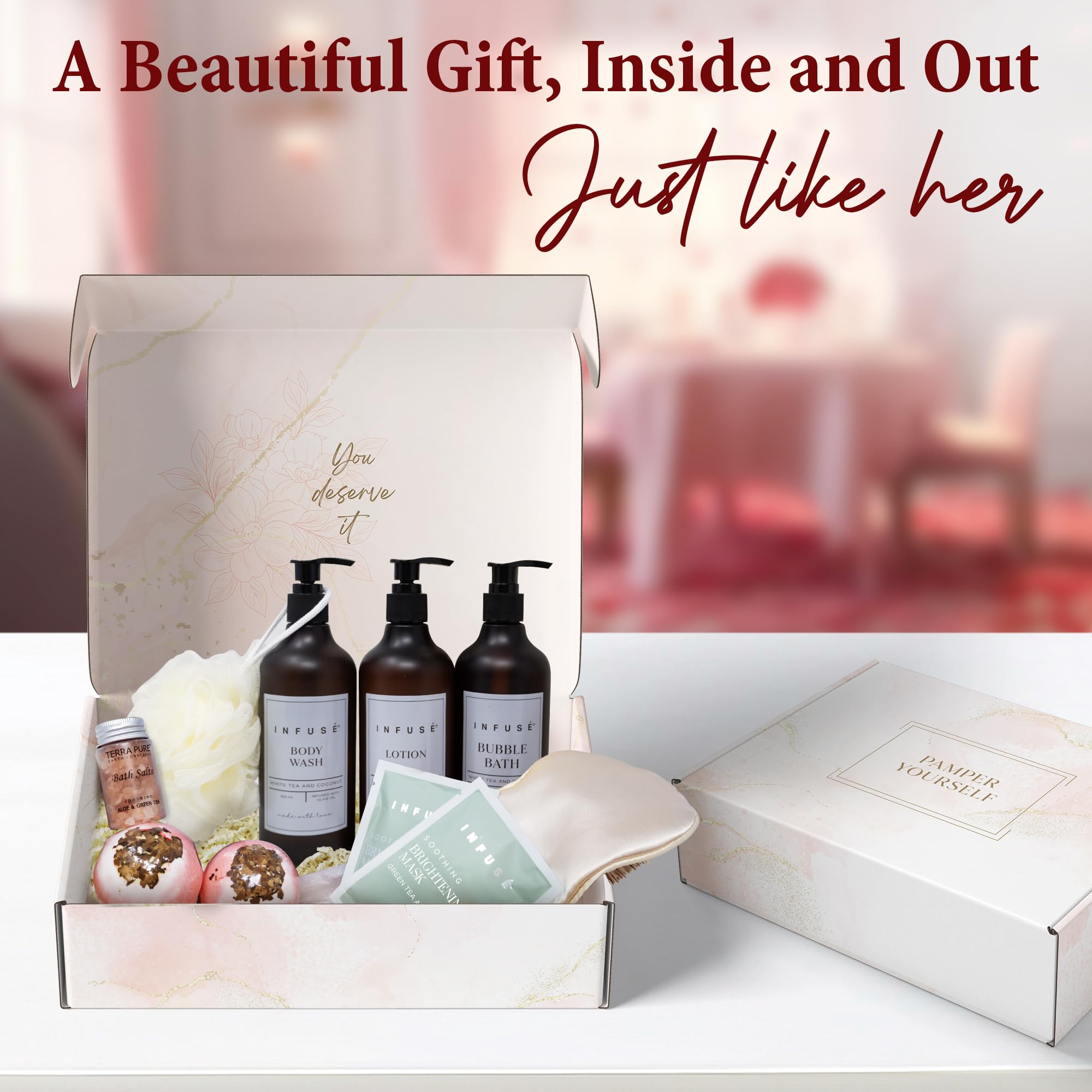 INFUSÉ 10-Piece Spa Gift Box for Women | Eye Mask, Bath Bombs, Face Masks & More