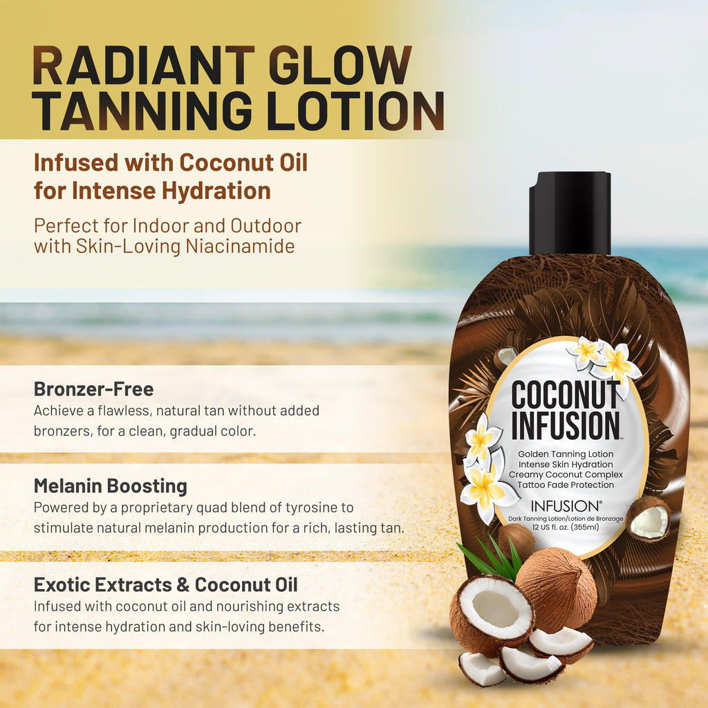Infusion Coconut Infusion Tanning Lotion – Indoor & Outdoor Tan Accelerator, Hydrating, No Bronzer, Safe for Face, Body, and Tattoos