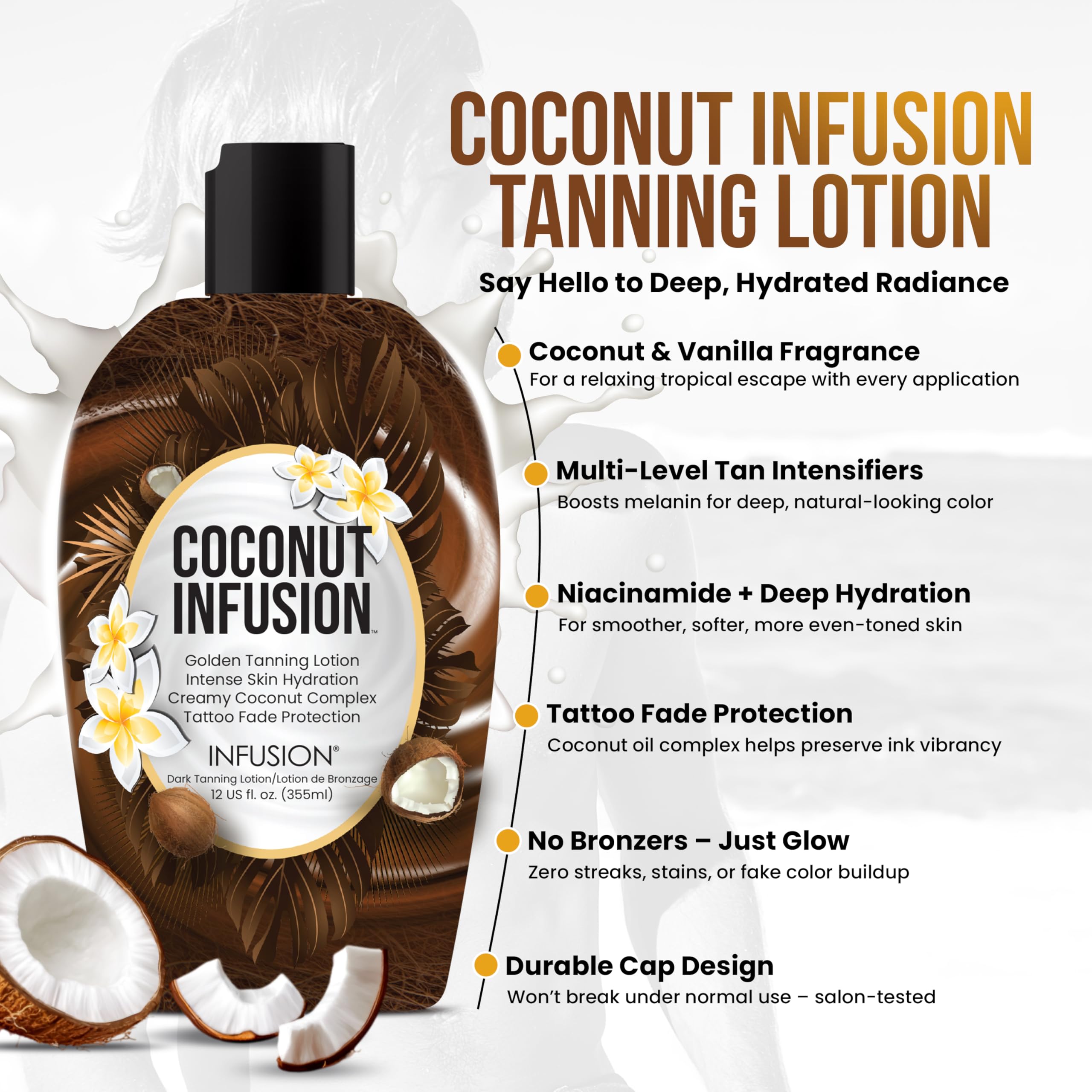 Infusion Coconut Infusion Tanning Lotion – Indoor & Outdoor Tan Accelerator, Hydrating, No Bronzer, Safe for Face, Body, and Tattoos